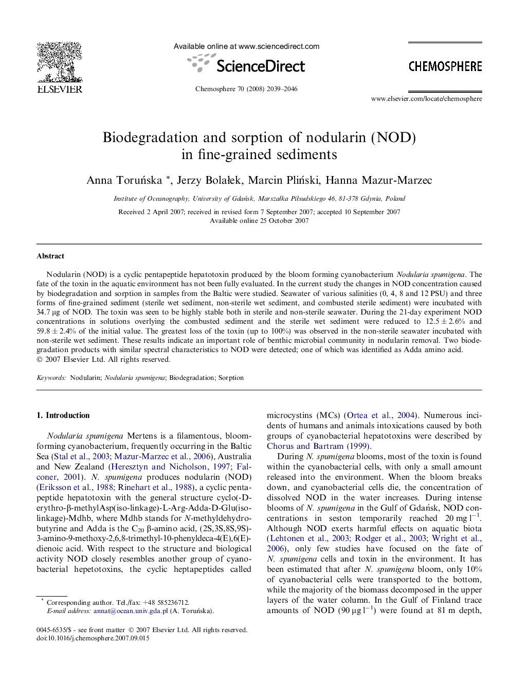 Biodegradation and sorption of nodularin (NOD) in fine-grained sediments