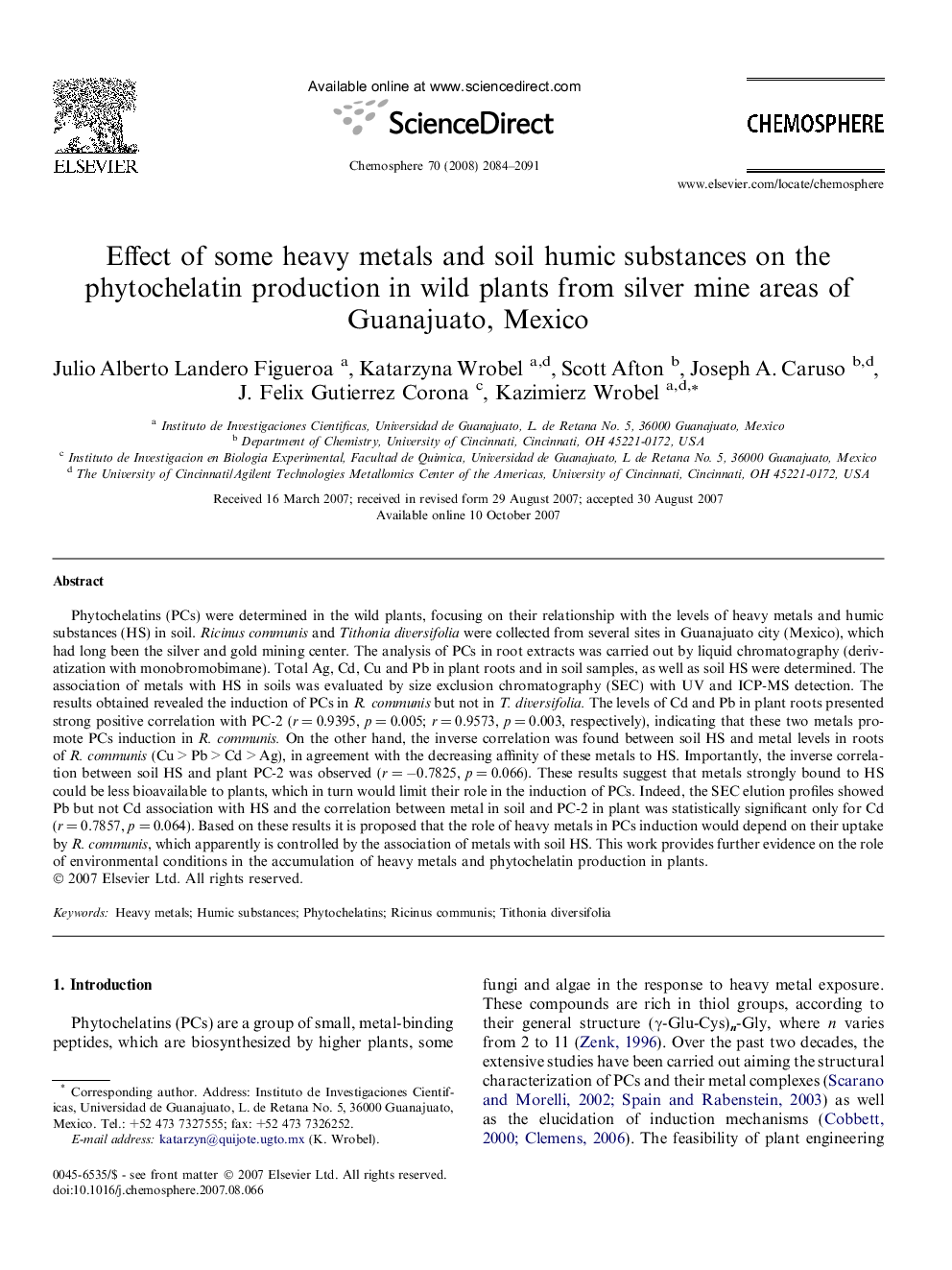 Effect of some heavy metals and soil humic substances on the phytochelatin production in wild plants from silver mine areas of Guanajuato, Mexico