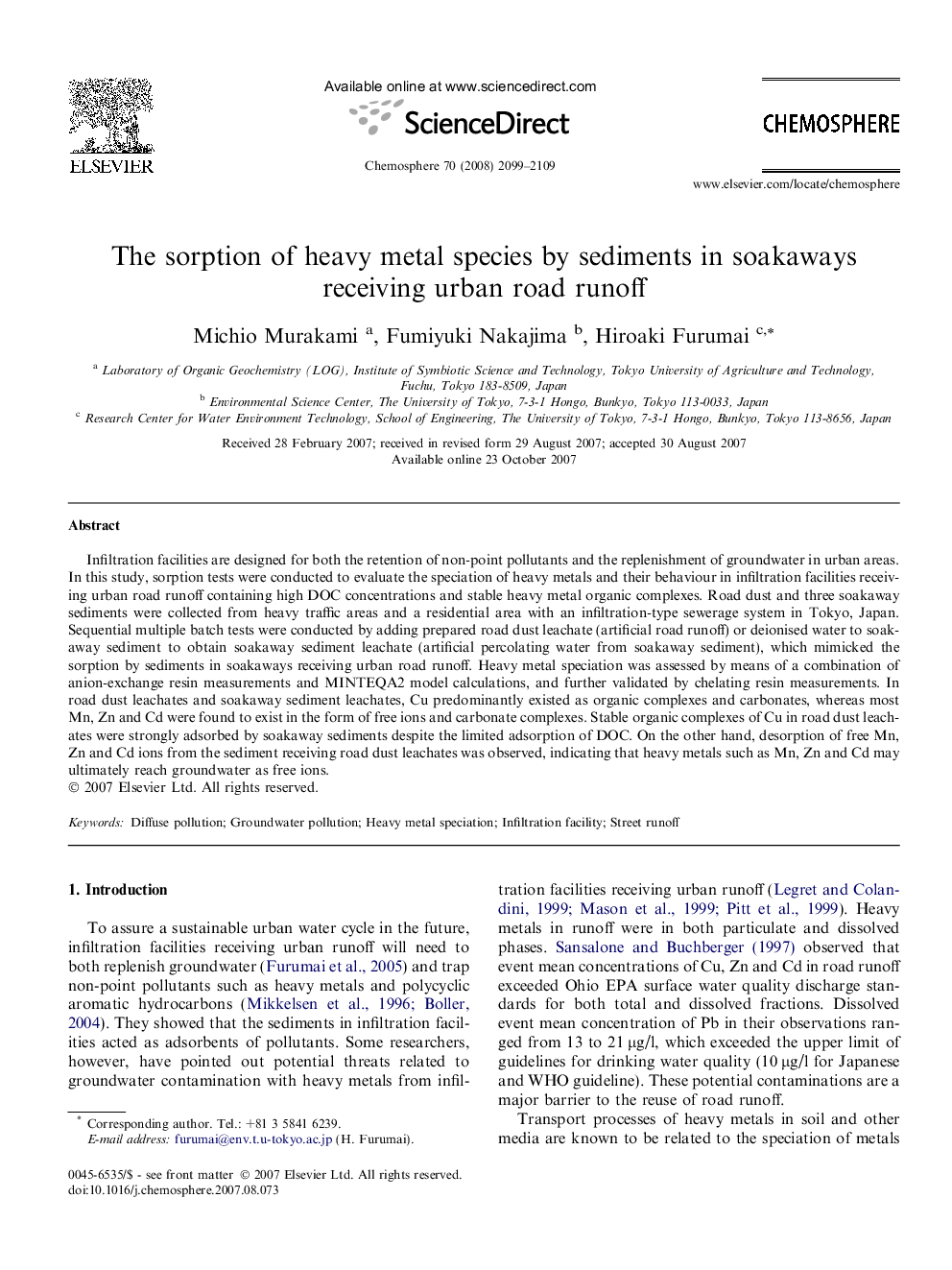 The sorption of heavy metal species by sediments in soakaways receiving urban road runoff