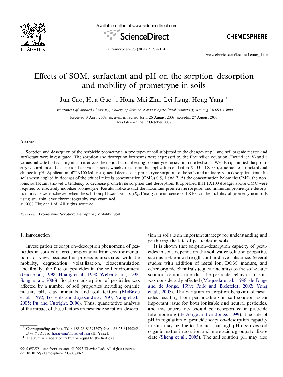 Effects of SOM, surfactant and pH on the sorption-desorption and mobility of prometryne in soils