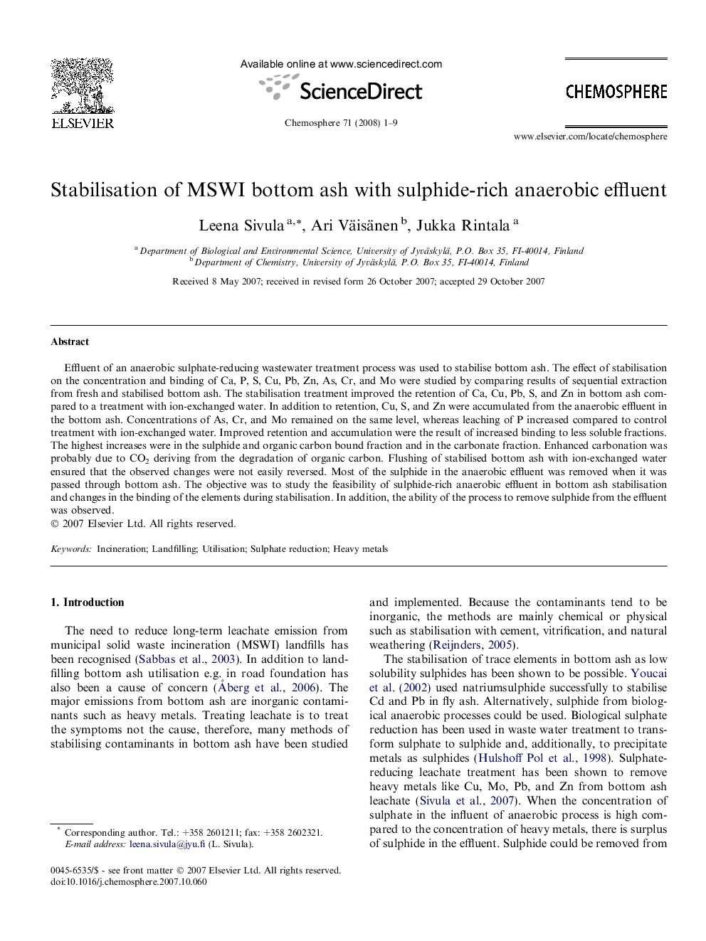Stabilisation of MSWI bottom ash with sulphide-rich anaerobic effluent