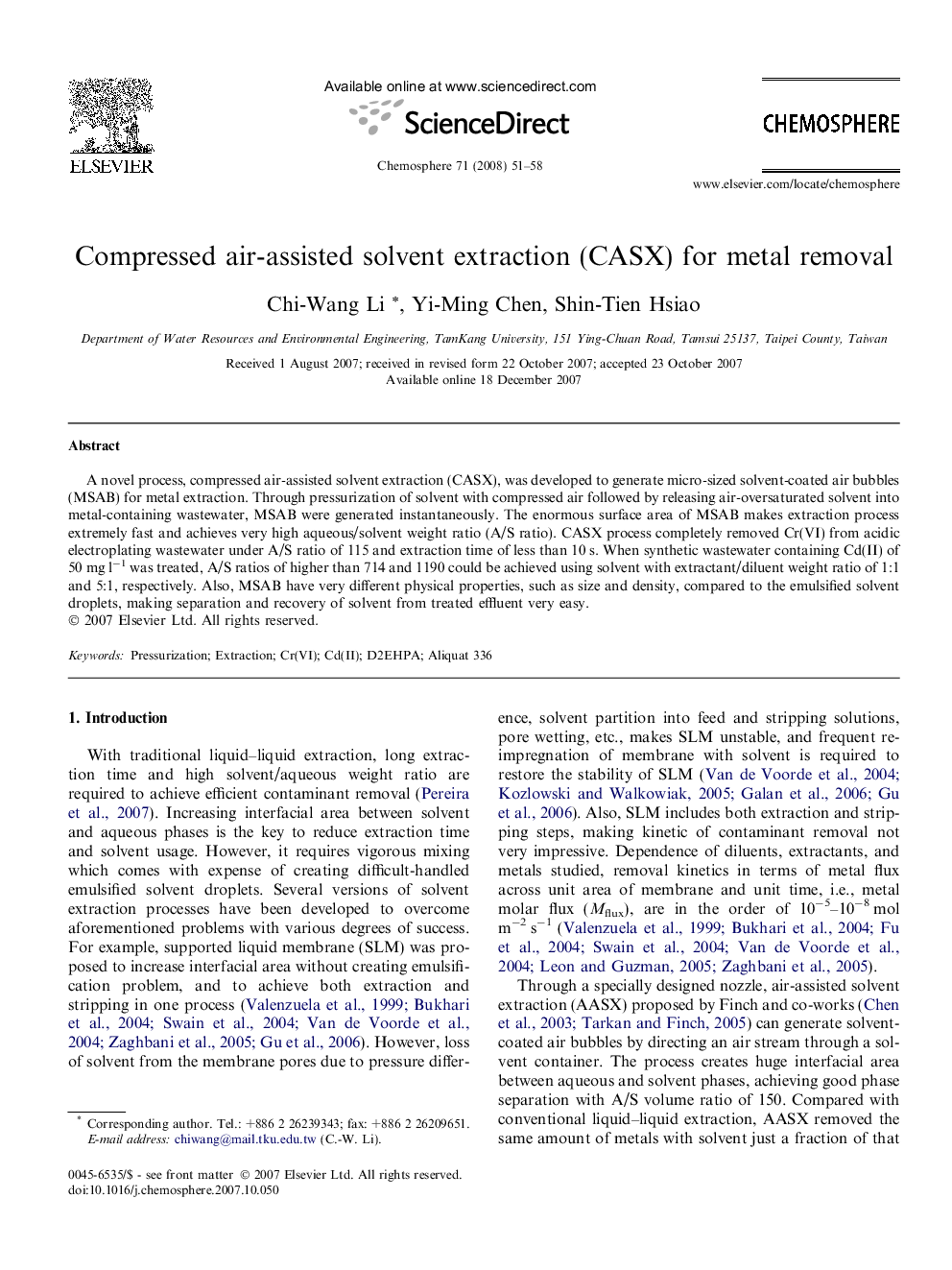 Compressed air-assisted solvent extraction (CASX) for metal removal