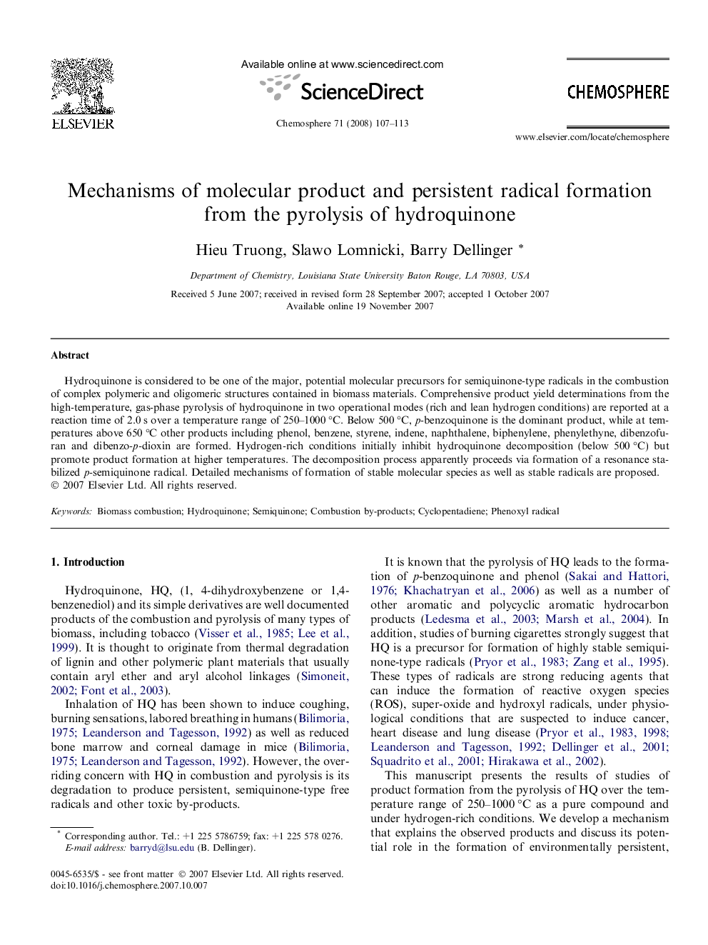 Mechanisms of molecular product and persistent radical formation from the pyrolysis of hydroquinone