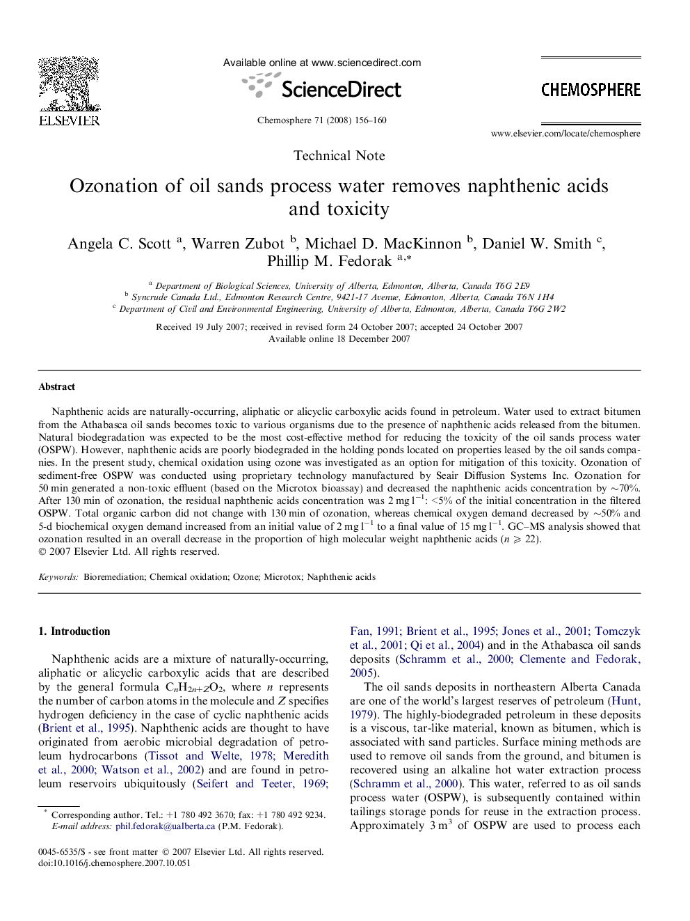 Ozonation of oil sands process water removes naphthenic acids and toxicity