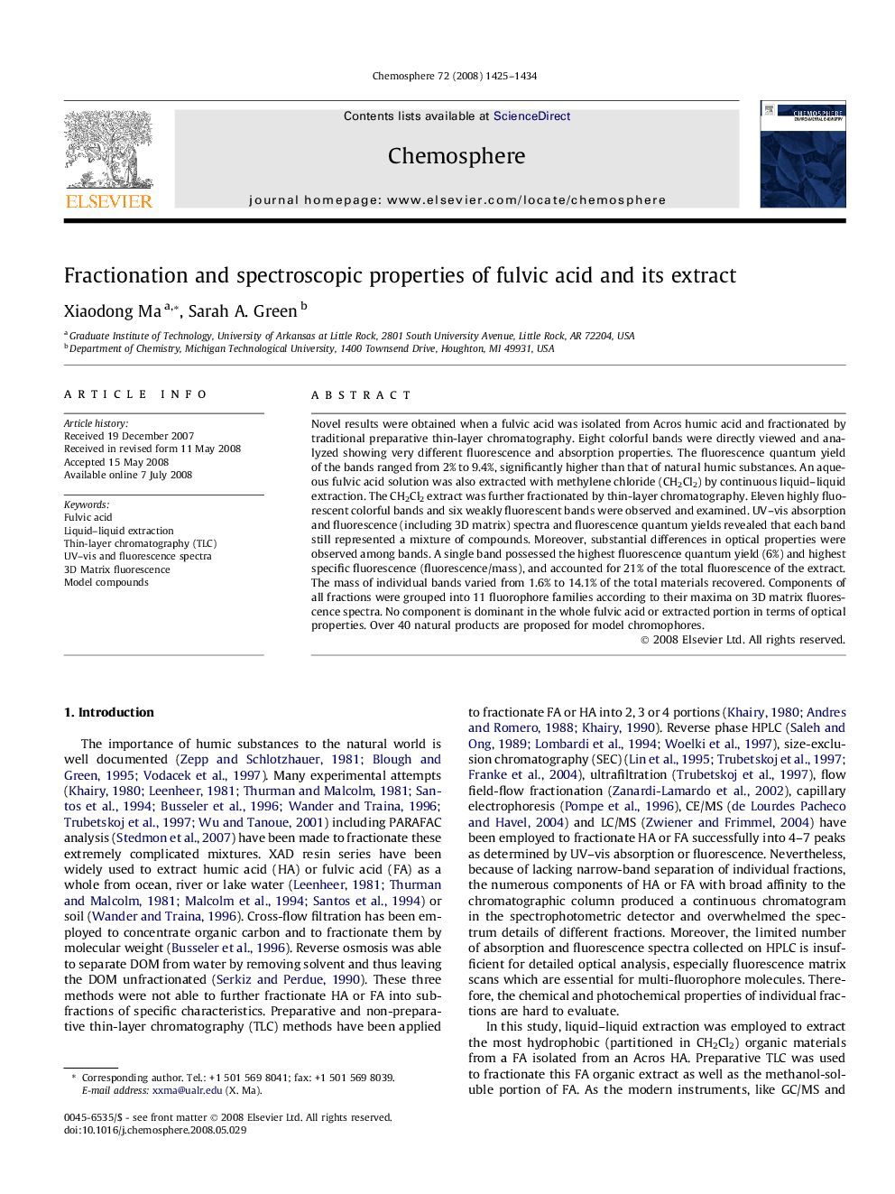 Fractionation and spectroscopic properties of fulvic acid and its extract