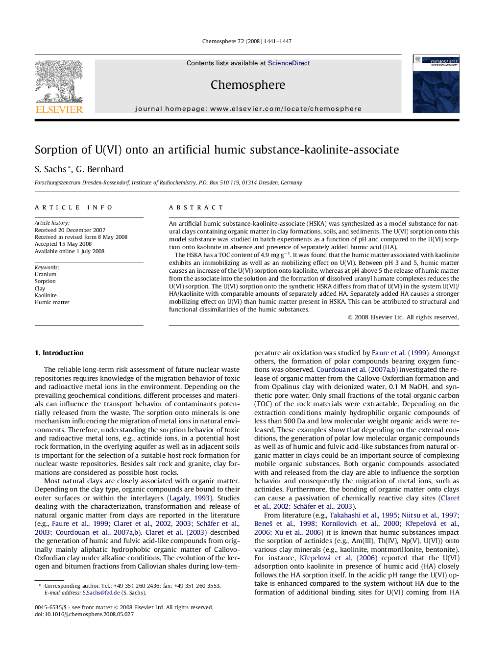 Sorption of U(VI) onto an artificial humic substance-kaolinite-associate