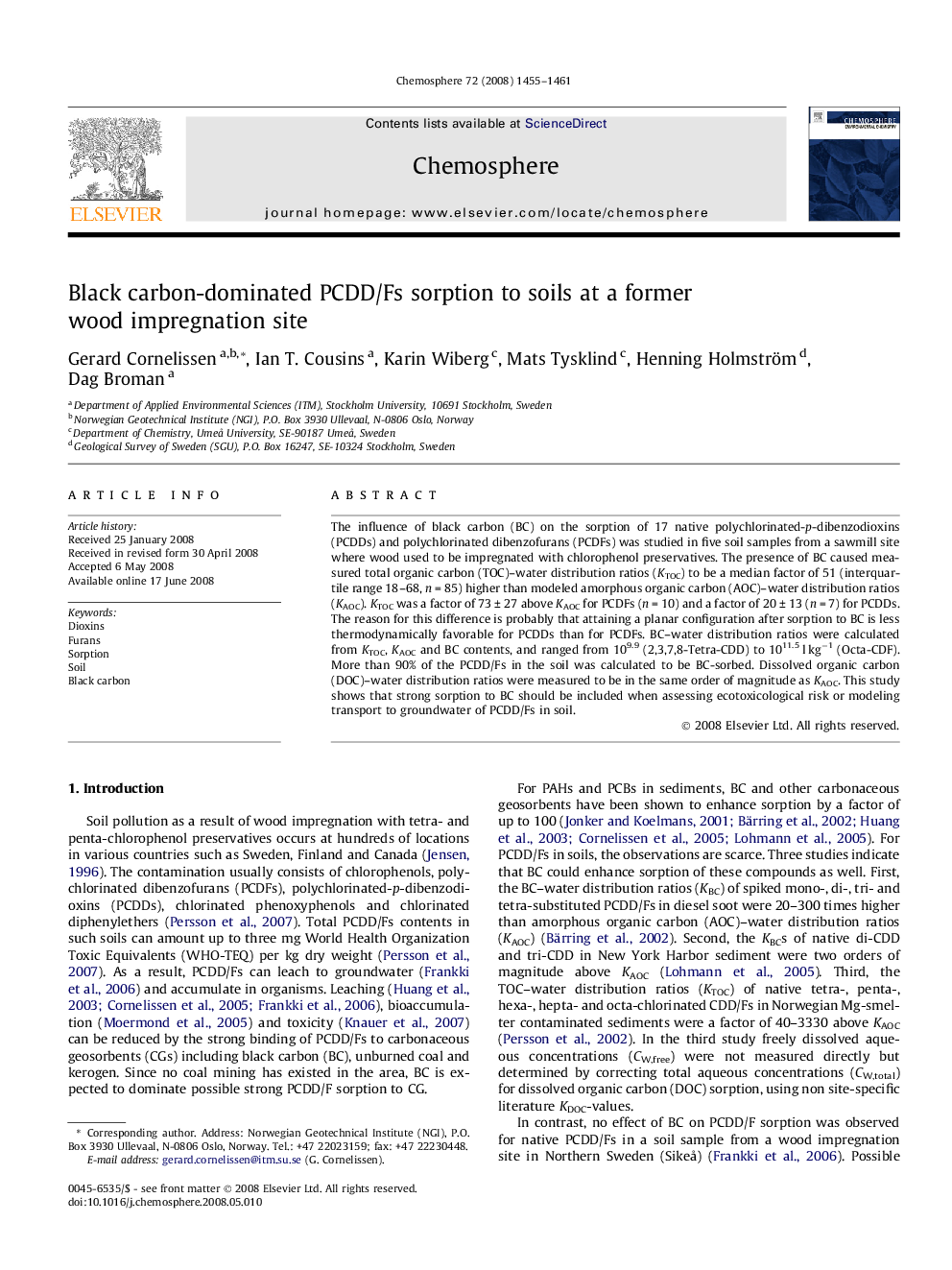 Black carbon-dominated PCDD/Fs sorption to soils at a former wood impregnation site