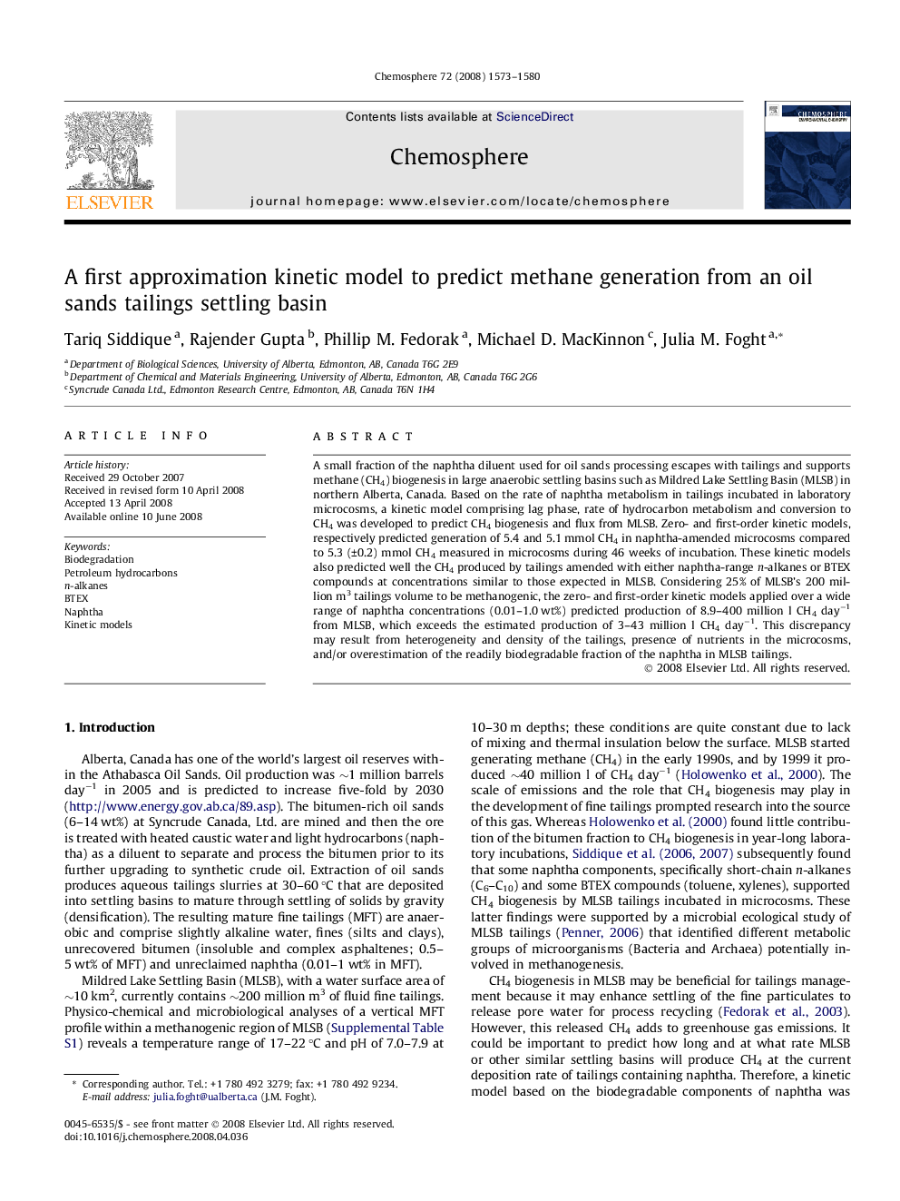 A first approximation kinetic model to predict methane generation from an oil sands tailings settling basin