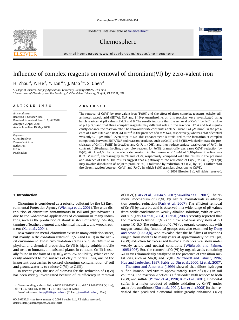 Influence of complex reagents on removal of chromium(VI) by zero-valent iron