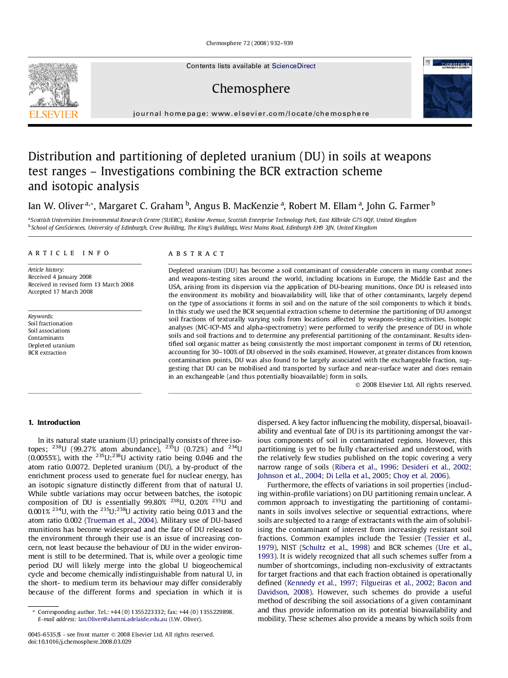 Distribution and partitioning of depleted uranium (DU) in soils at weapons test ranges – Investigations combining the BCR extraction scheme and isotopic analysis