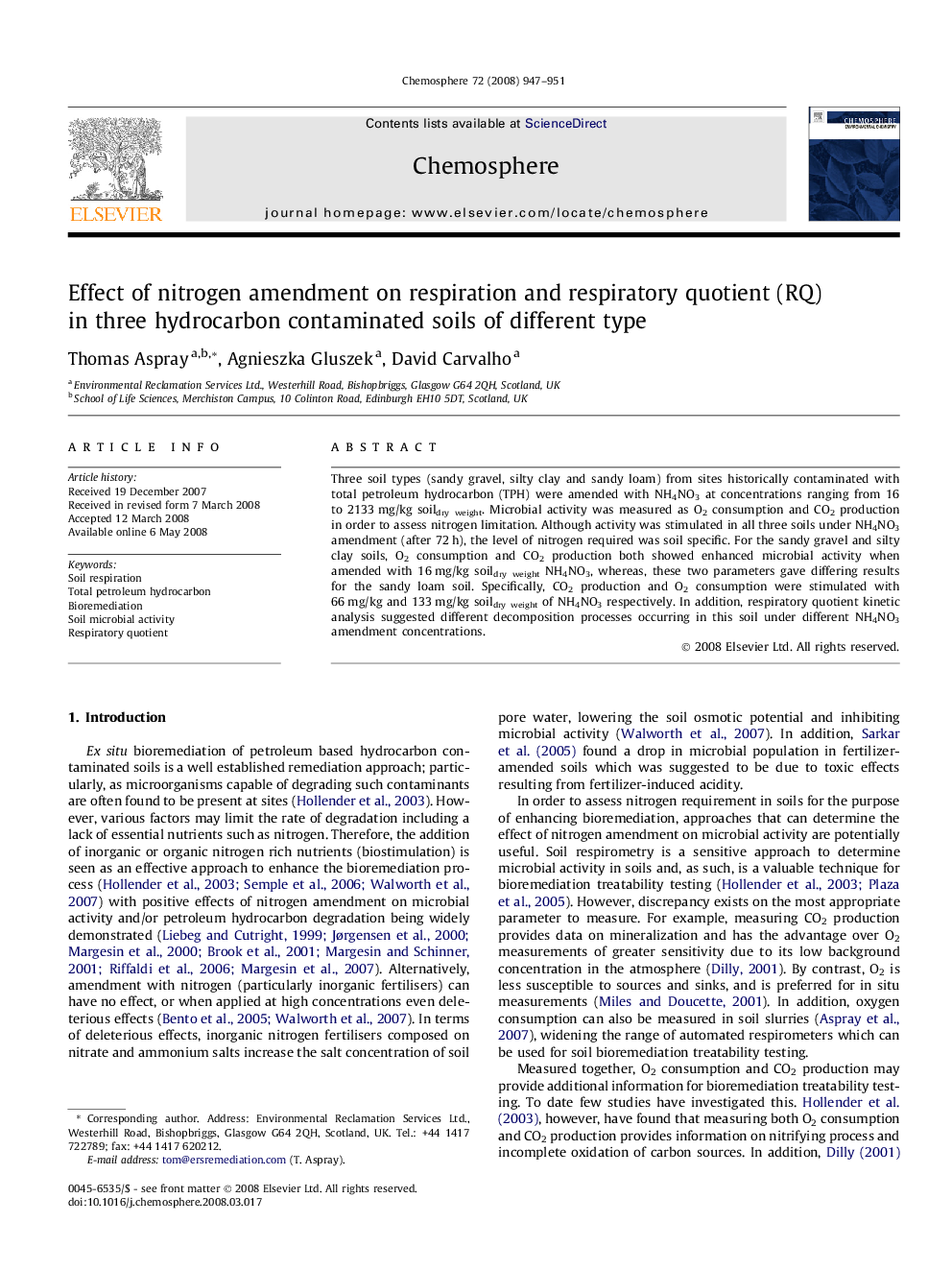 Effect of nitrogen amendment on respiration and respiratory quotient (RQ) in three hydrocarbon contaminated soils of different type