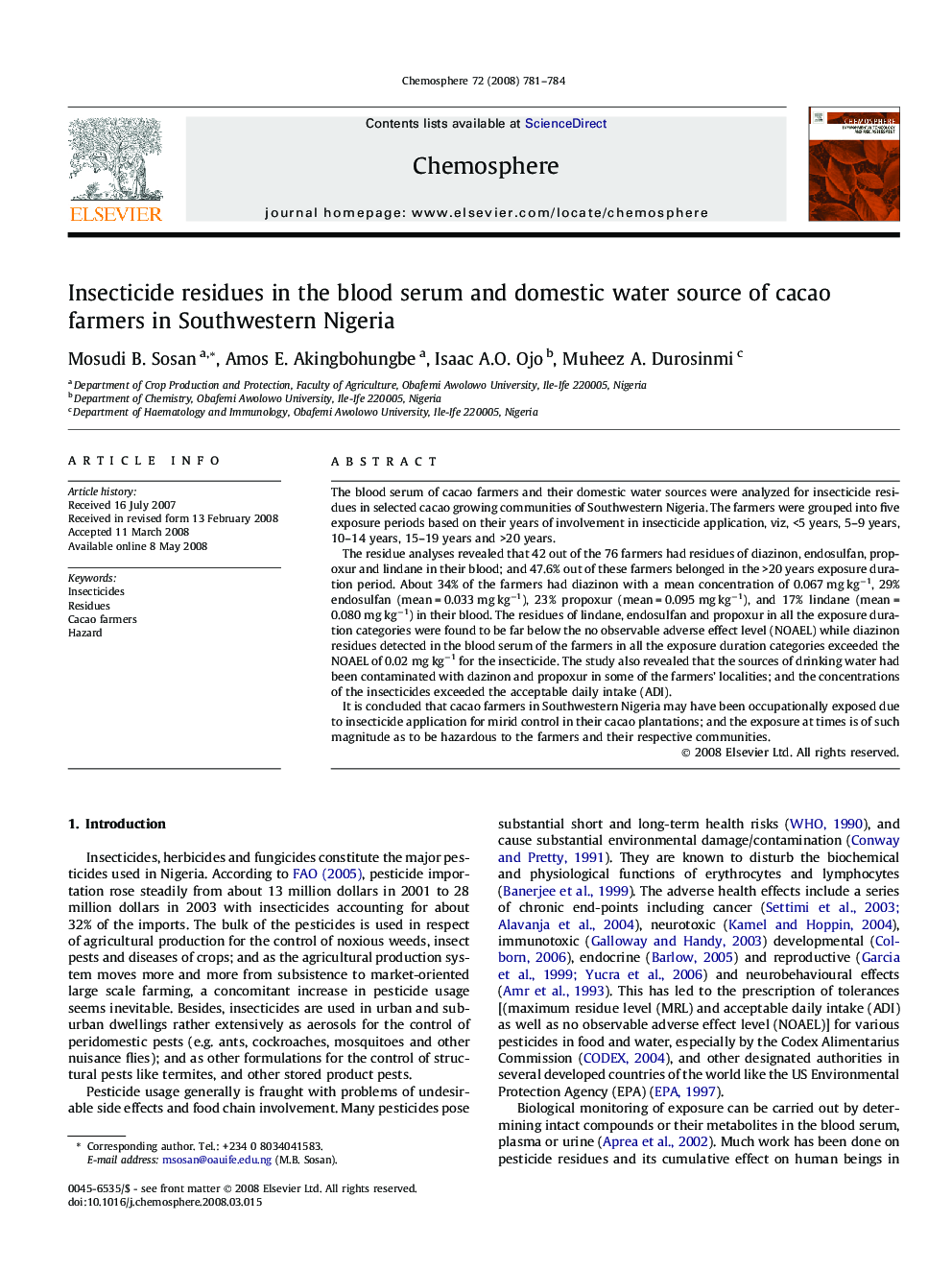 Insecticide residues in the blood serum and domestic water source of cacao farmers in Southwestern Nigeria