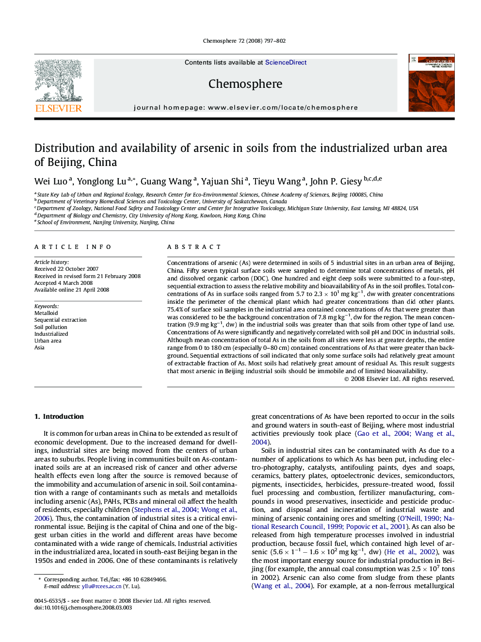 Distribution and availability of arsenic in soils from the industrialized urban area of Beijing, China
