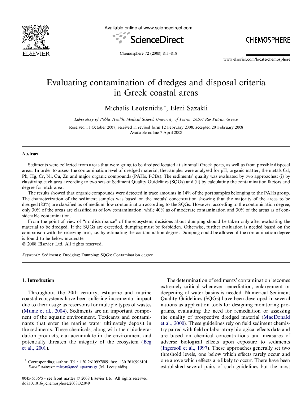 Evaluating contamination of dredges and disposal criteria in Greek coastal areas