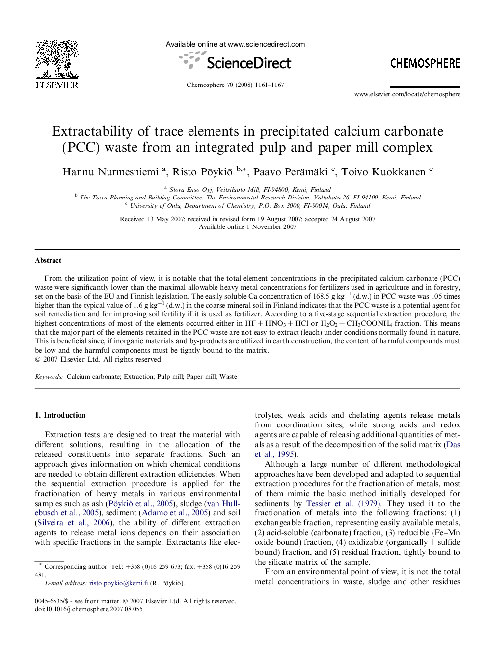 Extractability of trace elements in precipitated calcium carbonate (PCC) waste from an integrated pulp and paper mill complex