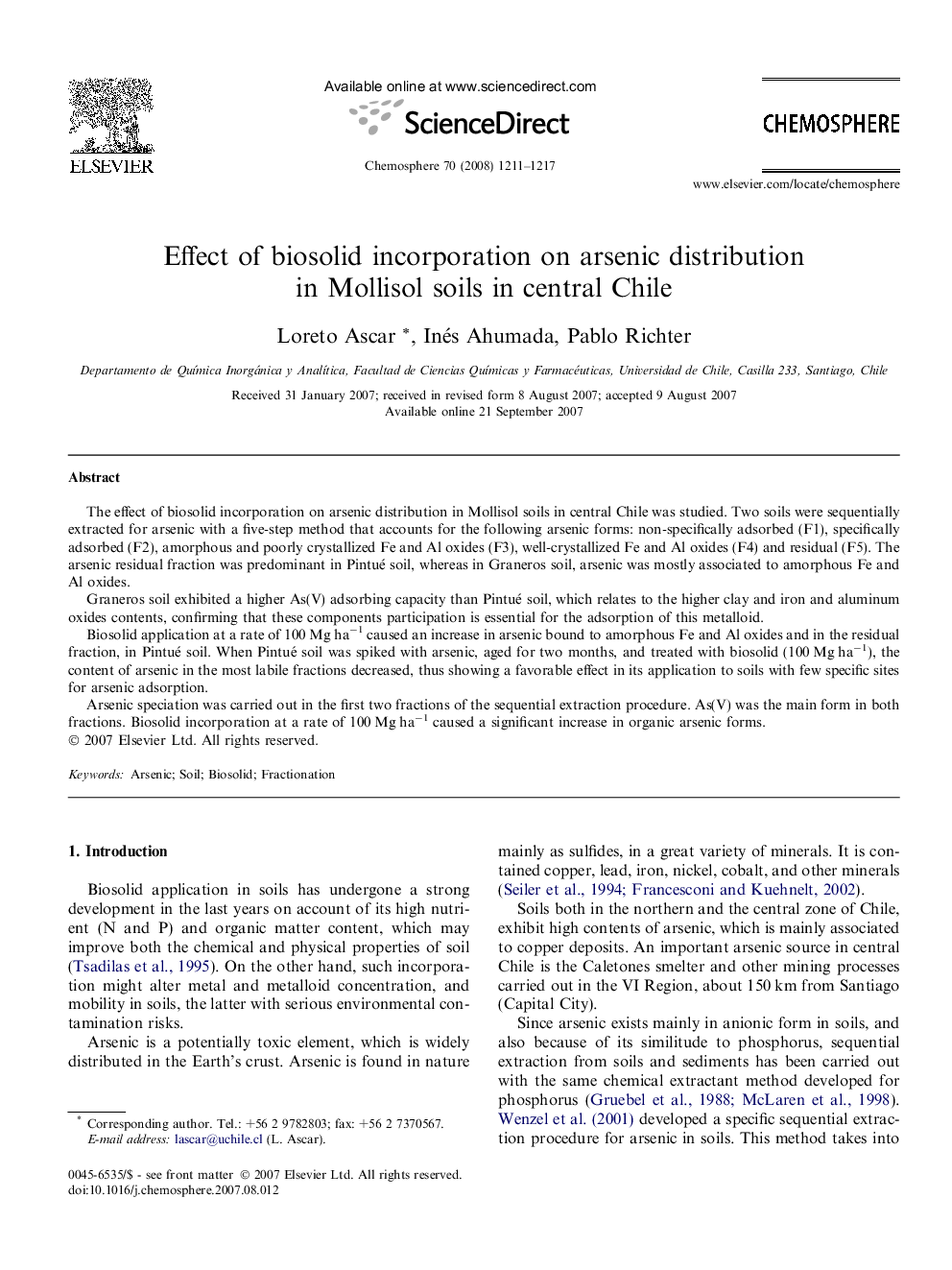 Effect of biosolid incorporation on arsenic distribution in Mollisol soils in central Chile