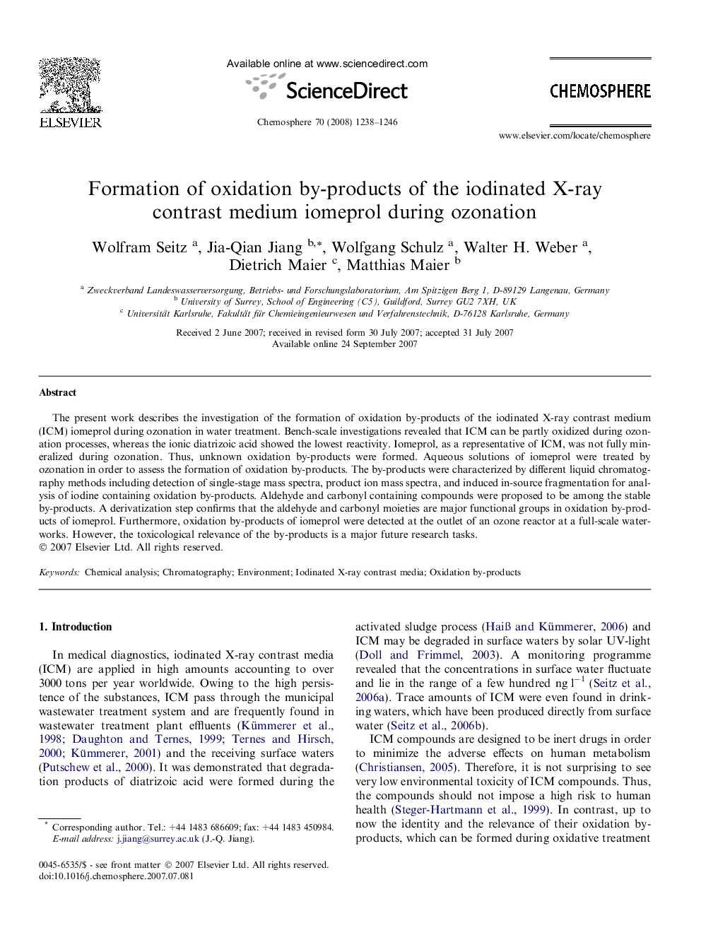 Formation of oxidation by-products of the iodinated X-ray contrast medium iomeprol during ozonation