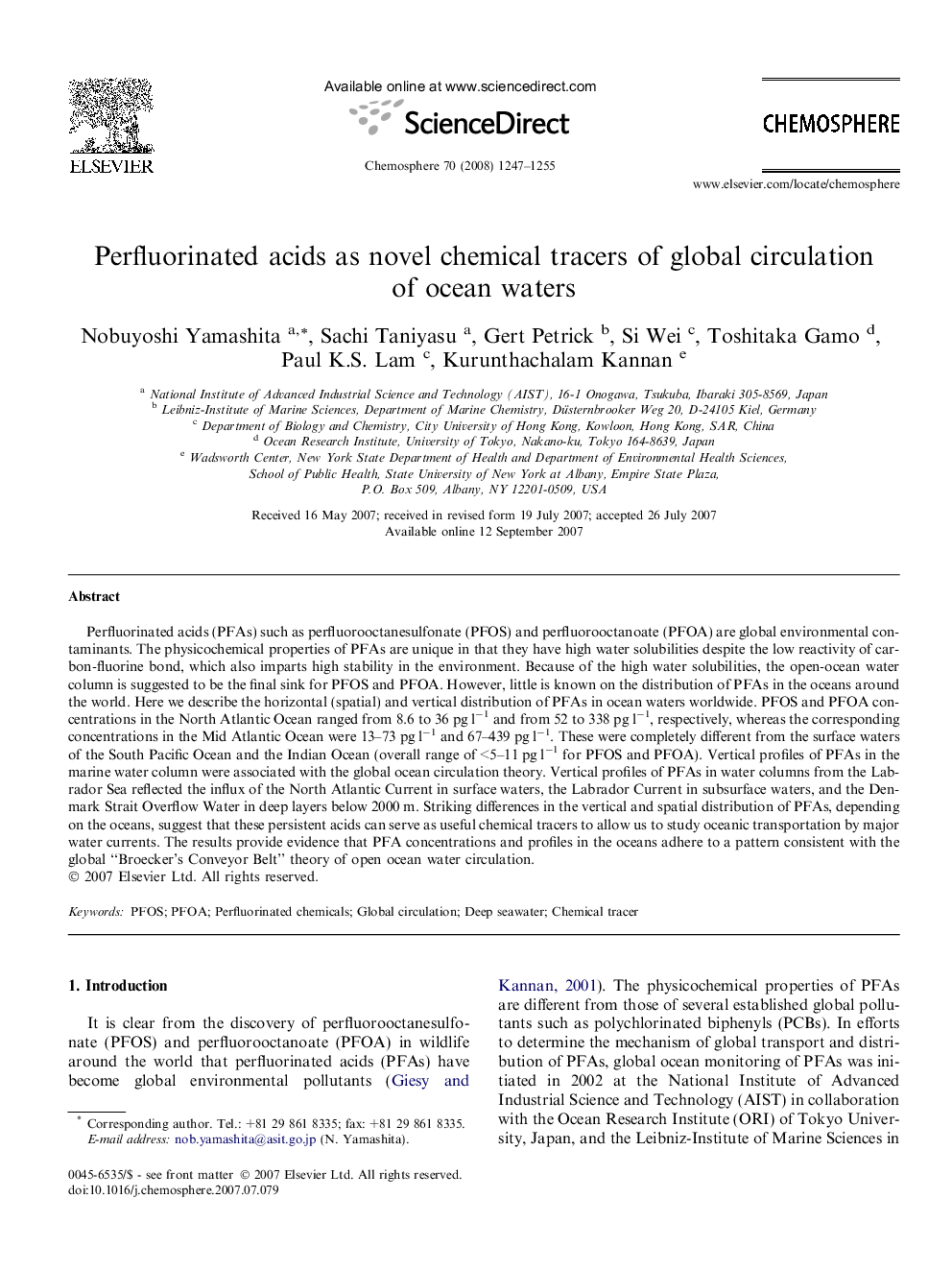 Perfluorinated acids as novel chemical tracers of global circulation of ocean waters