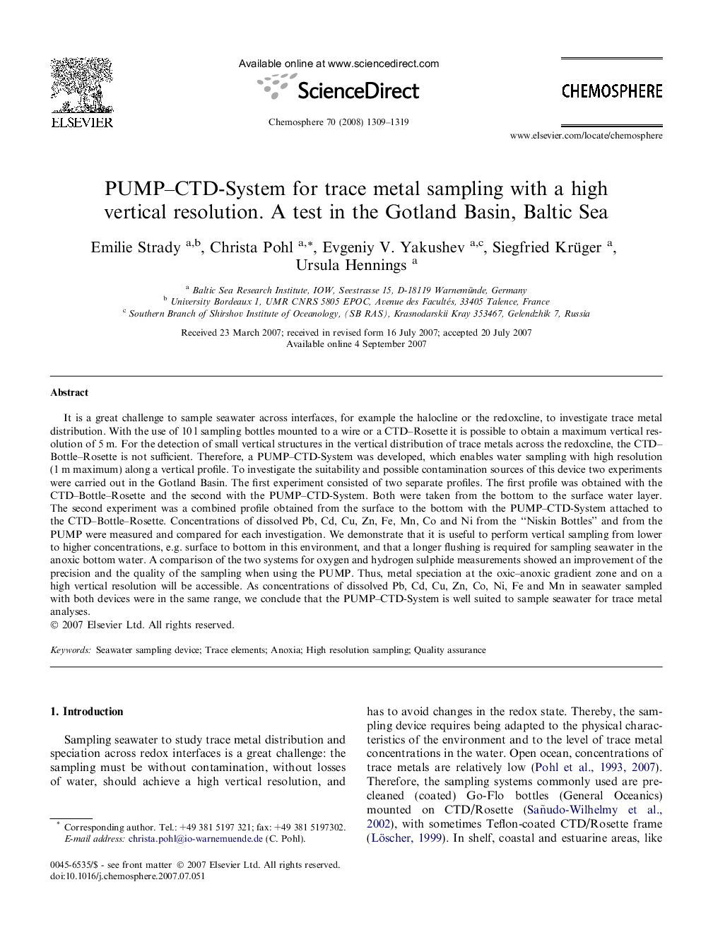 PUMP–CTD-System for trace metal sampling with a high vertical resolution. A test in the Gotland Basin, Baltic Sea