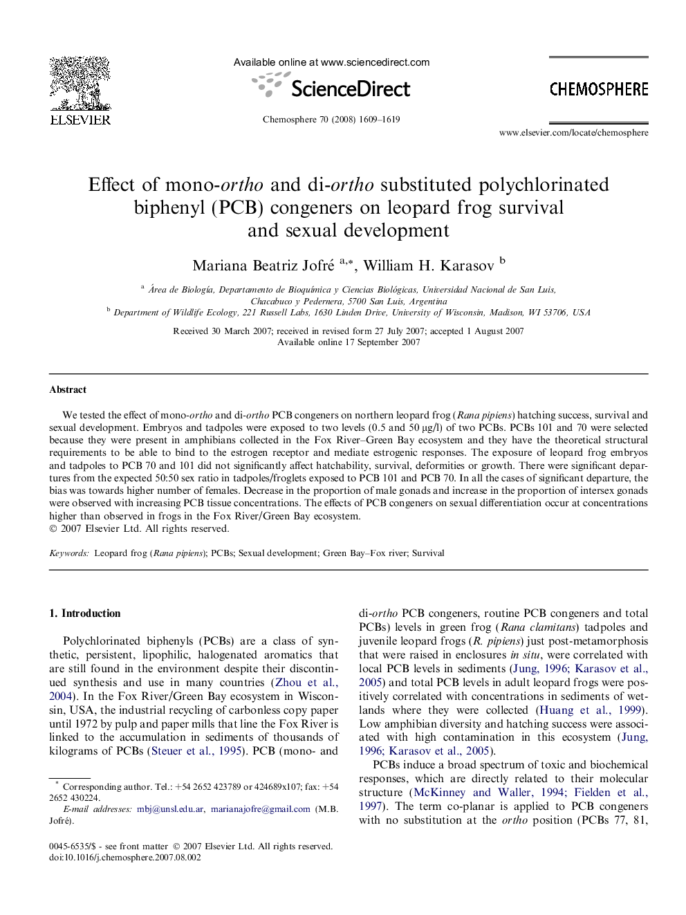 Effect of mono-ortho and di-ortho substituted polychlorinated biphenyl (PCB) congeners on leopard frog survival and sexual development