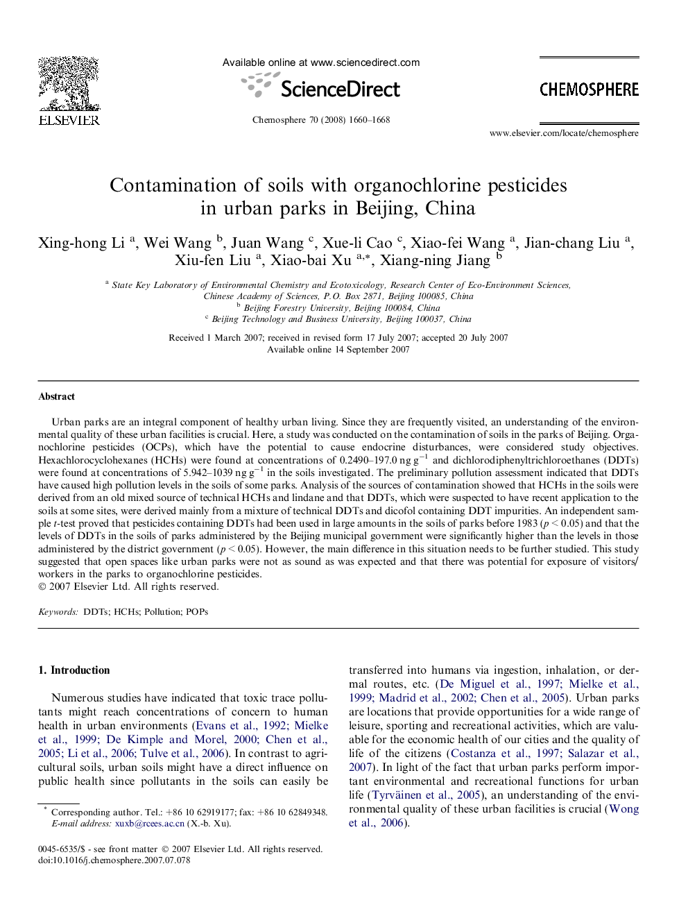 Contamination of soils with organochlorine pesticides in urban parks in Beijing, China