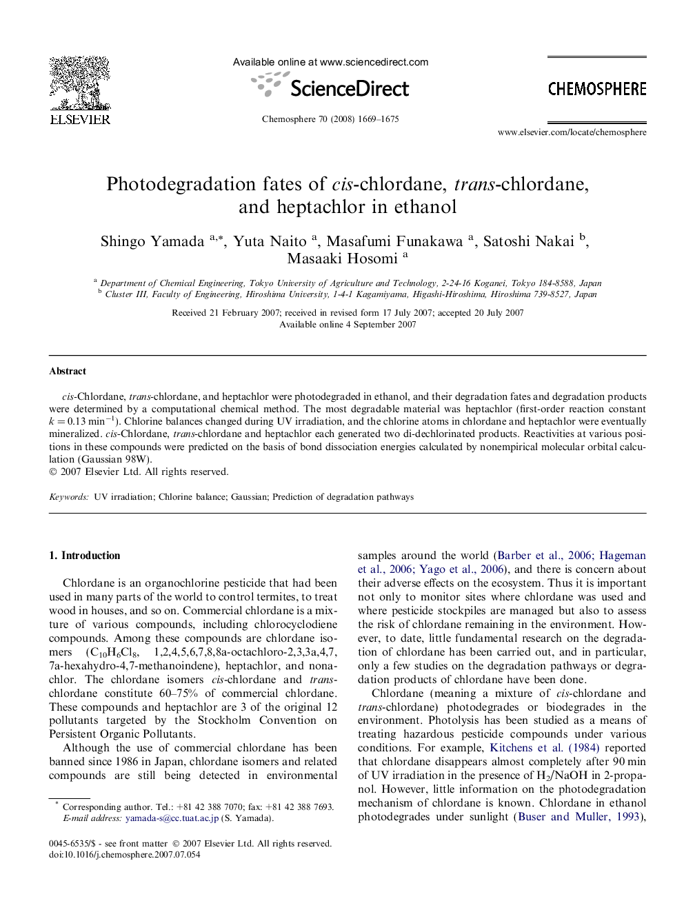 Photodegradation fates of cis-chlordane, trans-chlordane, and heptachlor in ethanol