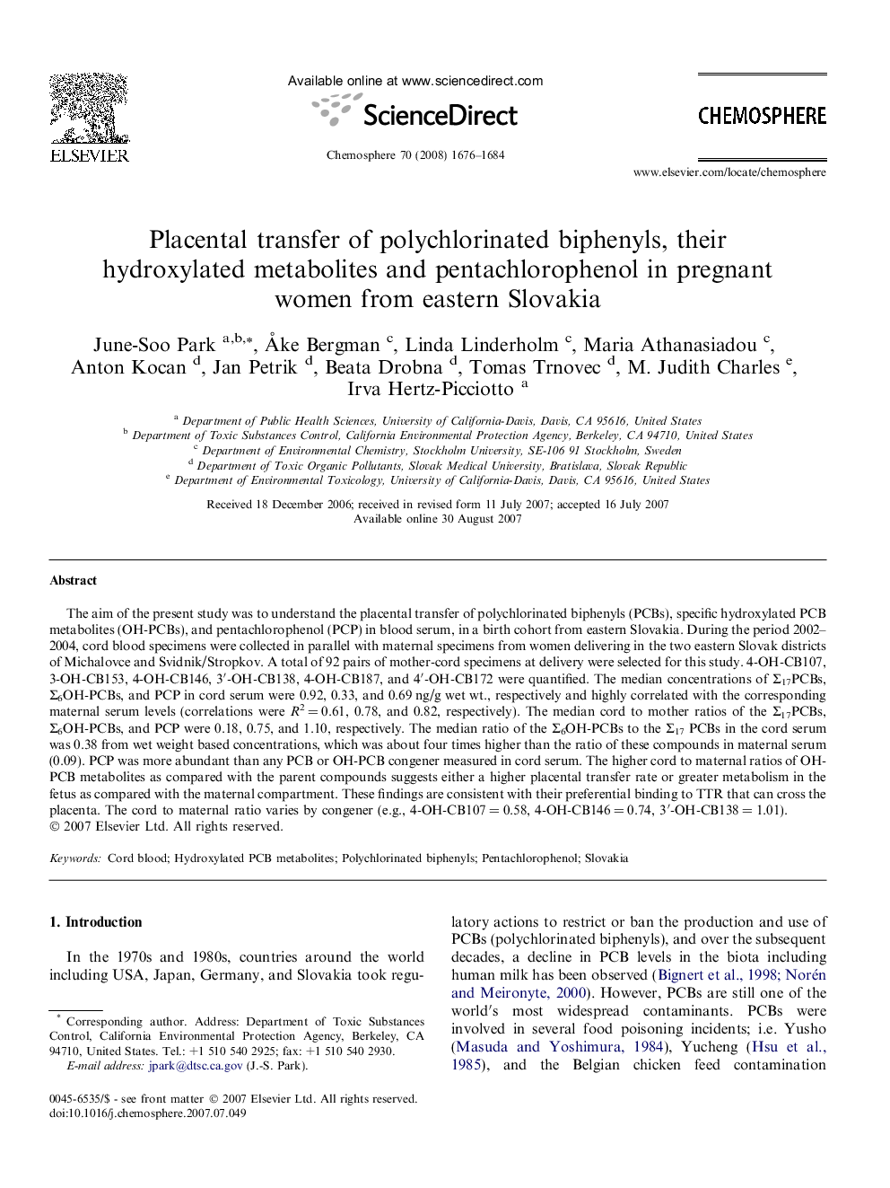 Placental transfer of polychlorinated biphenyls, their hydroxylated metabolites and pentachlorophenol in pregnant women from eastern Slovakia