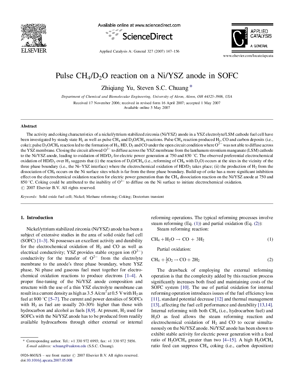 Pulse CH4/D2O reaction on a Ni/YSZ anode in SOFC