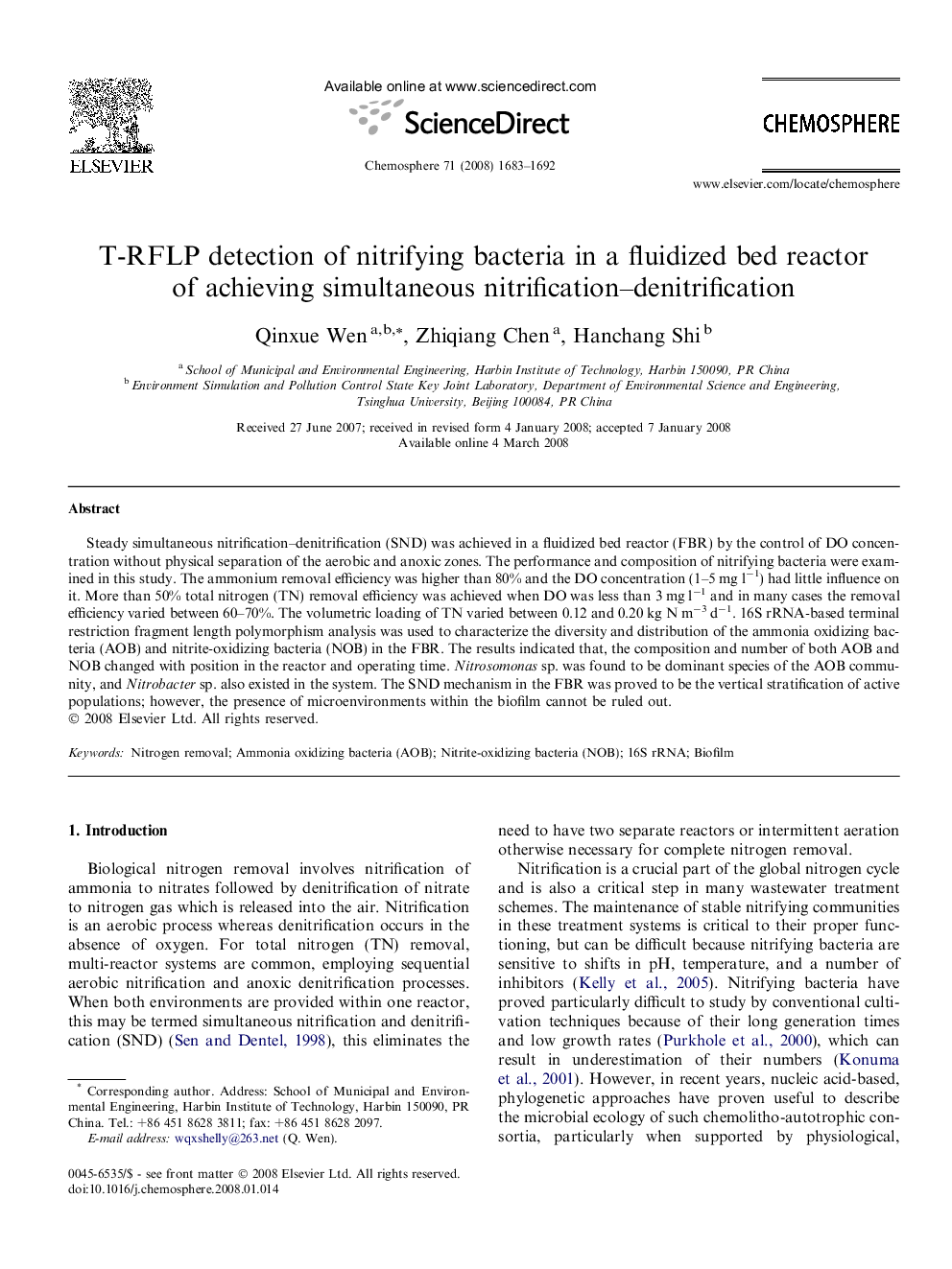 T-RFLP detection of nitrifying bacteria in a fluidized bed reactor of achieving simultaneous nitrification–denitrification