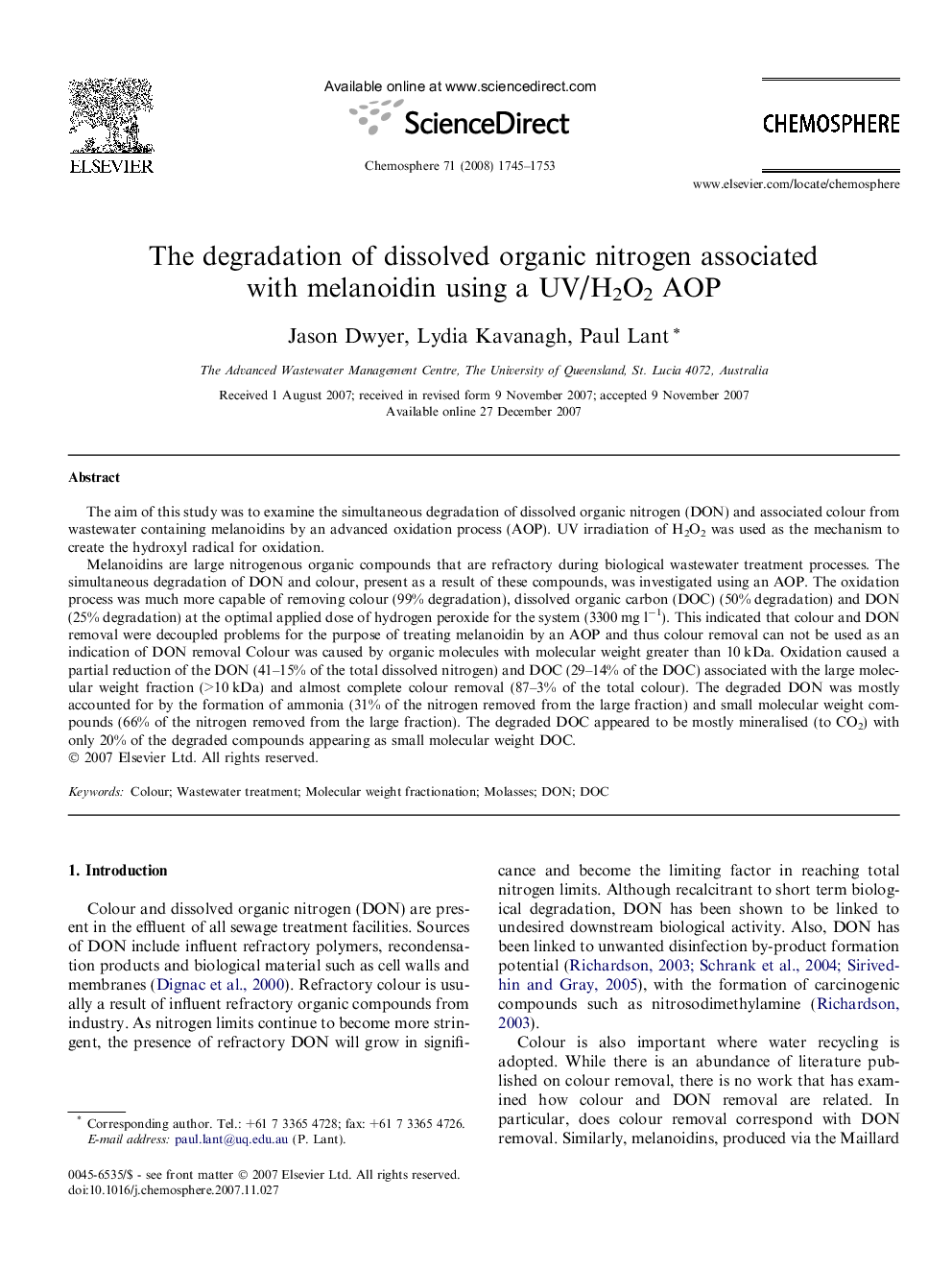 The degradation of dissolved organic nitrogen associated with melanoidin using a UV/H2O2 AOP
