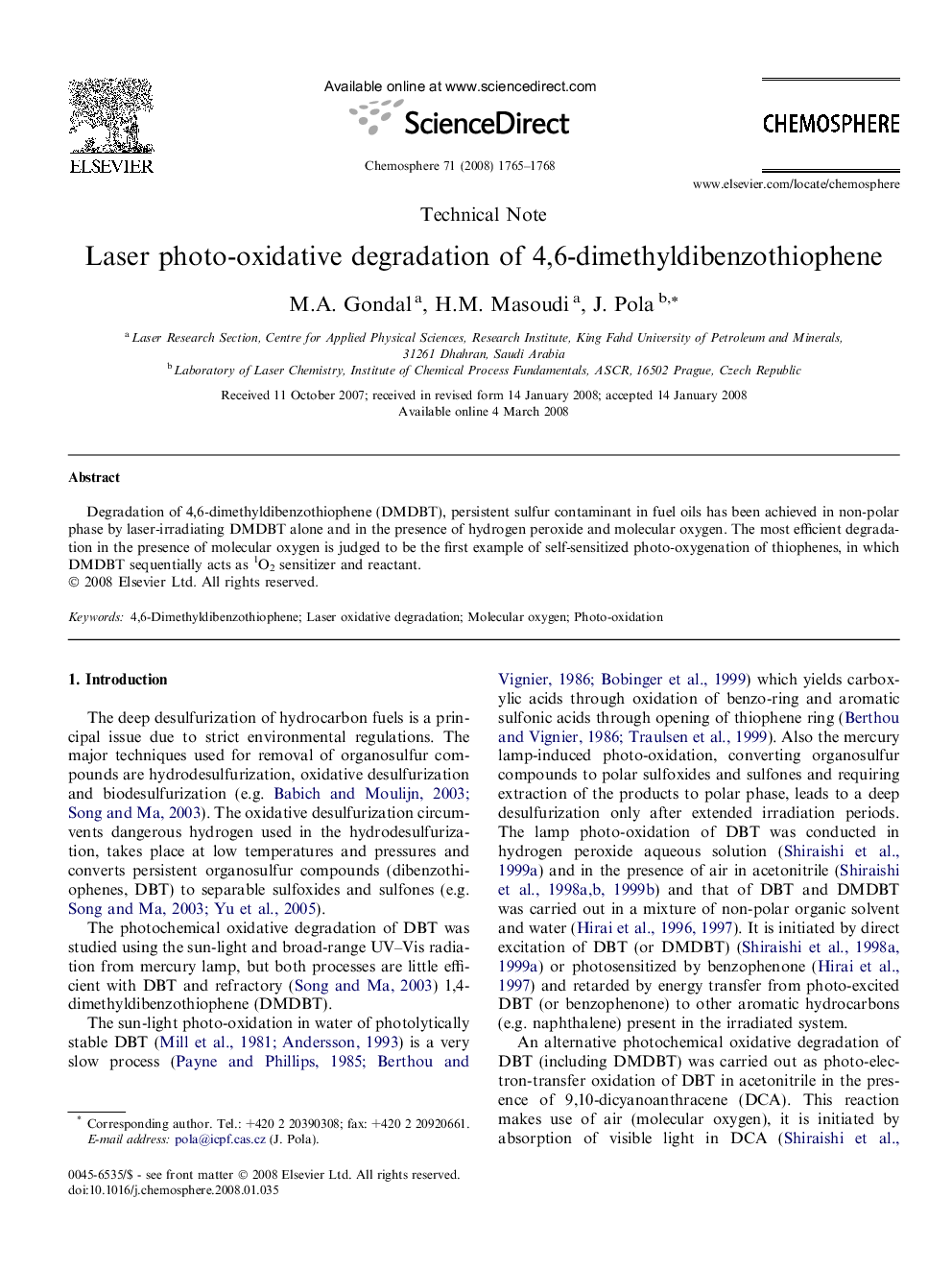 Laser photo-oxidative degradation of 4,6-dimethyldibenzothiophene