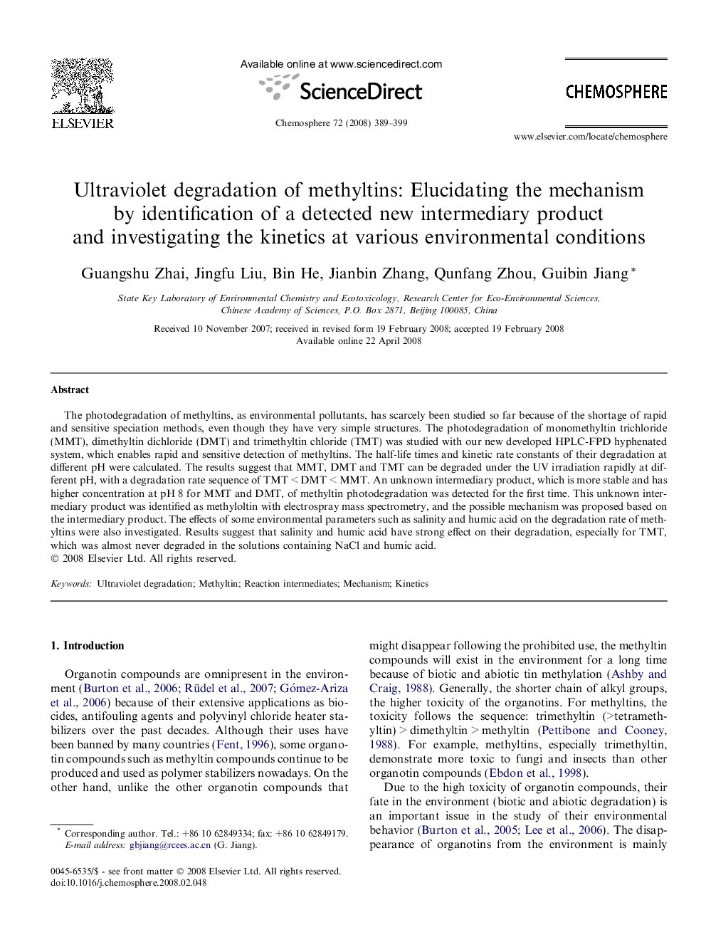 Ultraviolet degradation of methyltins: Elucidating the mechanism by identification of a detected new intermediary product and investigating the kinetics at various environmental conditions