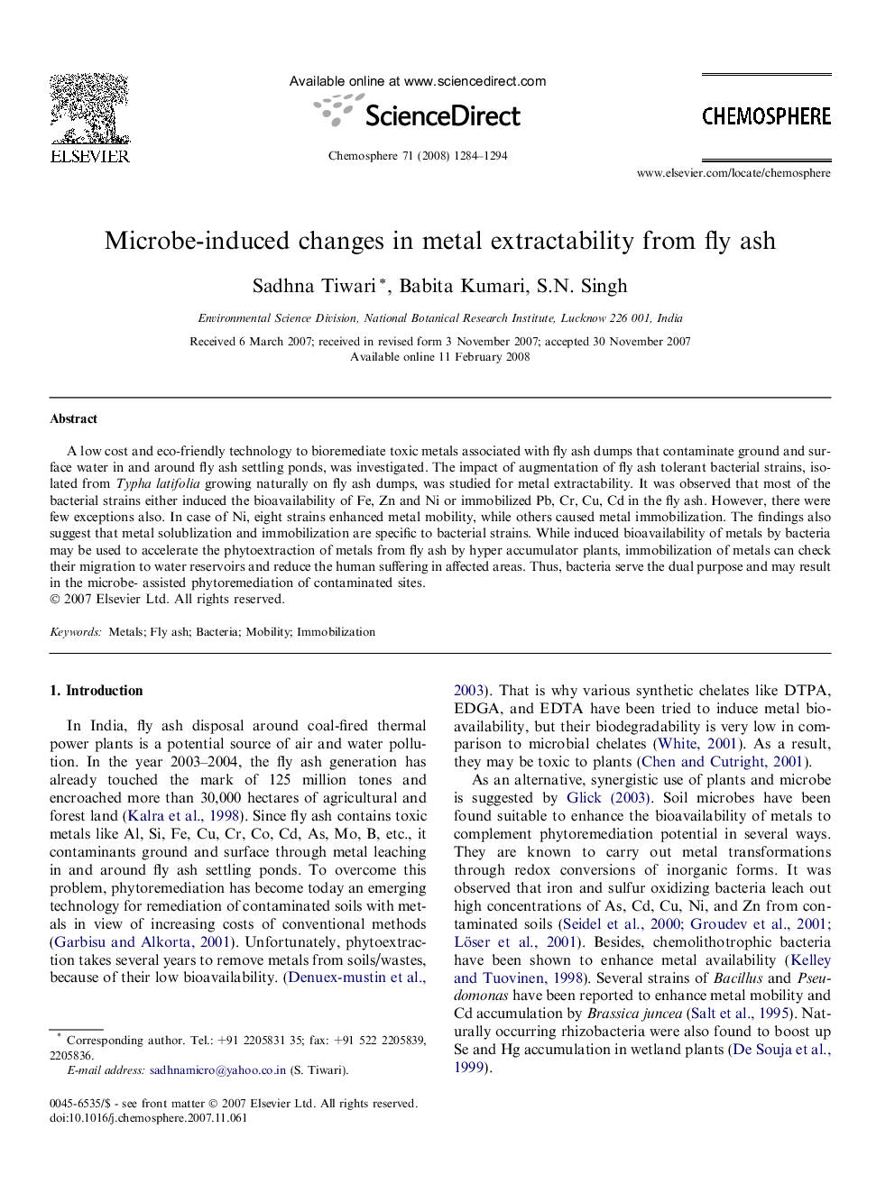 Microbe-induced changes in metal extractability from fly ash