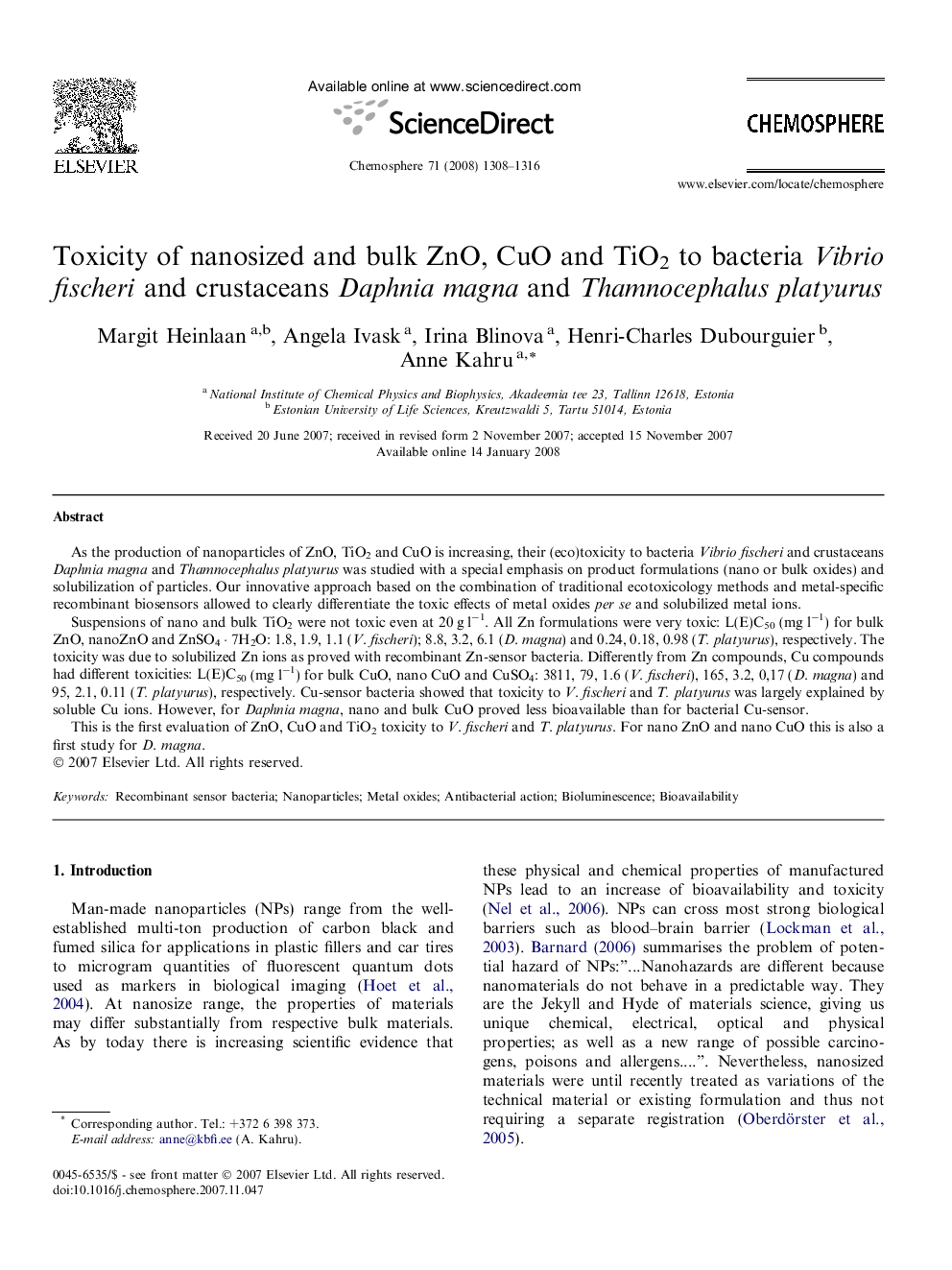 Toxicity of nanosized and bulk ZnO, CuO and TiO2 to bacteria Vibrio fischeri and crustaceans Daphnia magna and Thamnocephalus platyurus