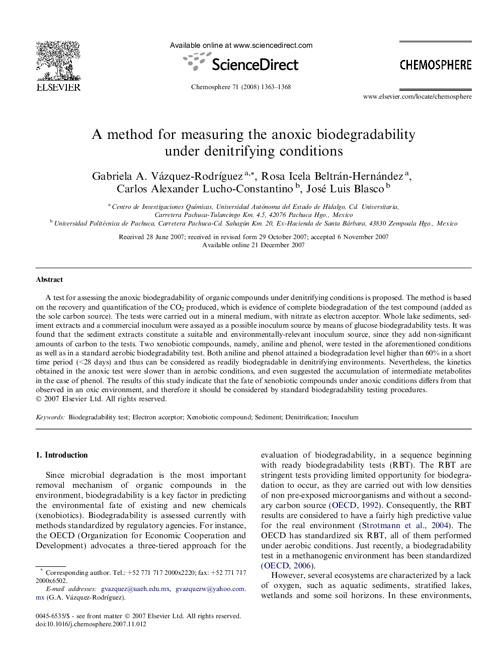 A method for measuring the anoxic biodegradability under denitrifying conditions