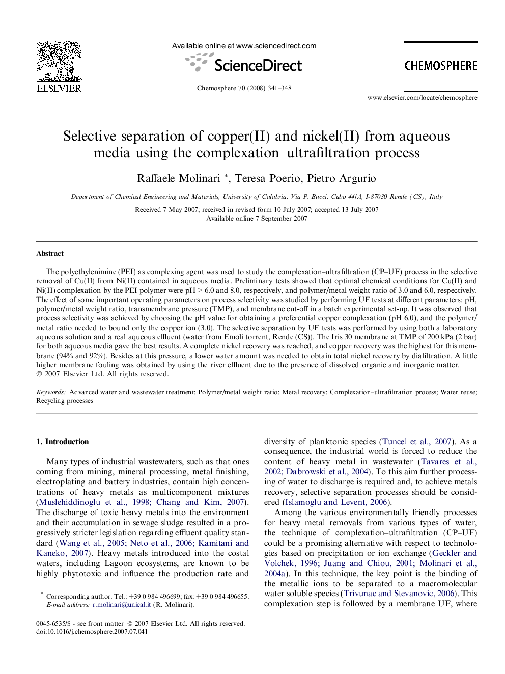 Selective separation of copper(II) and nickel(II) from aqueous media using the complexation-ultrafiltration process