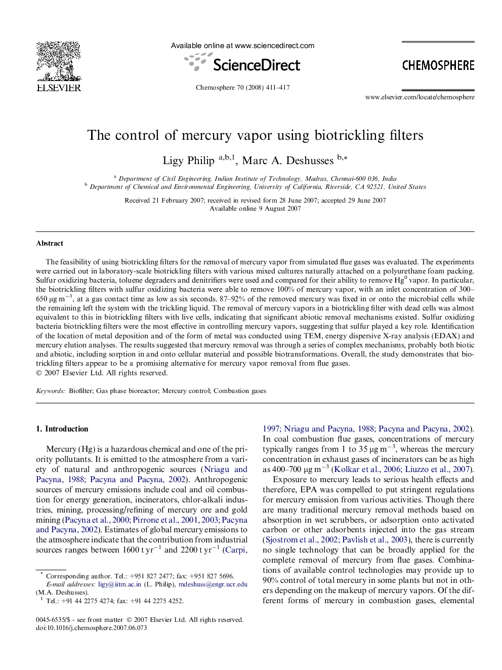 The control of mercury vapor using biotrickling filters