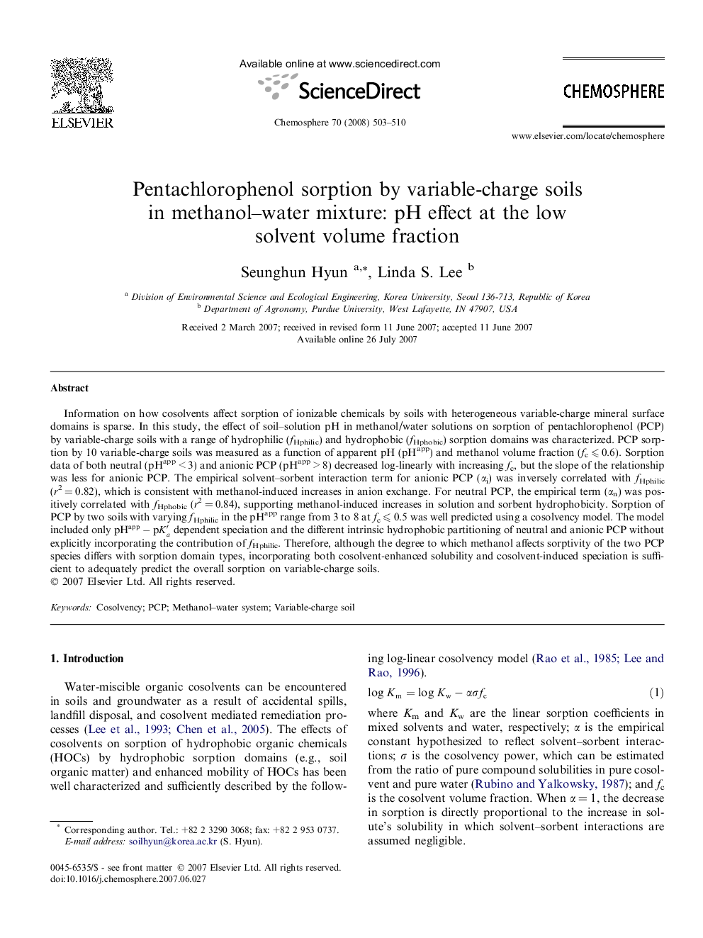 Pentachlorophenol sorption by variable-charge soils in methanol–water mixture: pH effect at the low solvent volume fraction