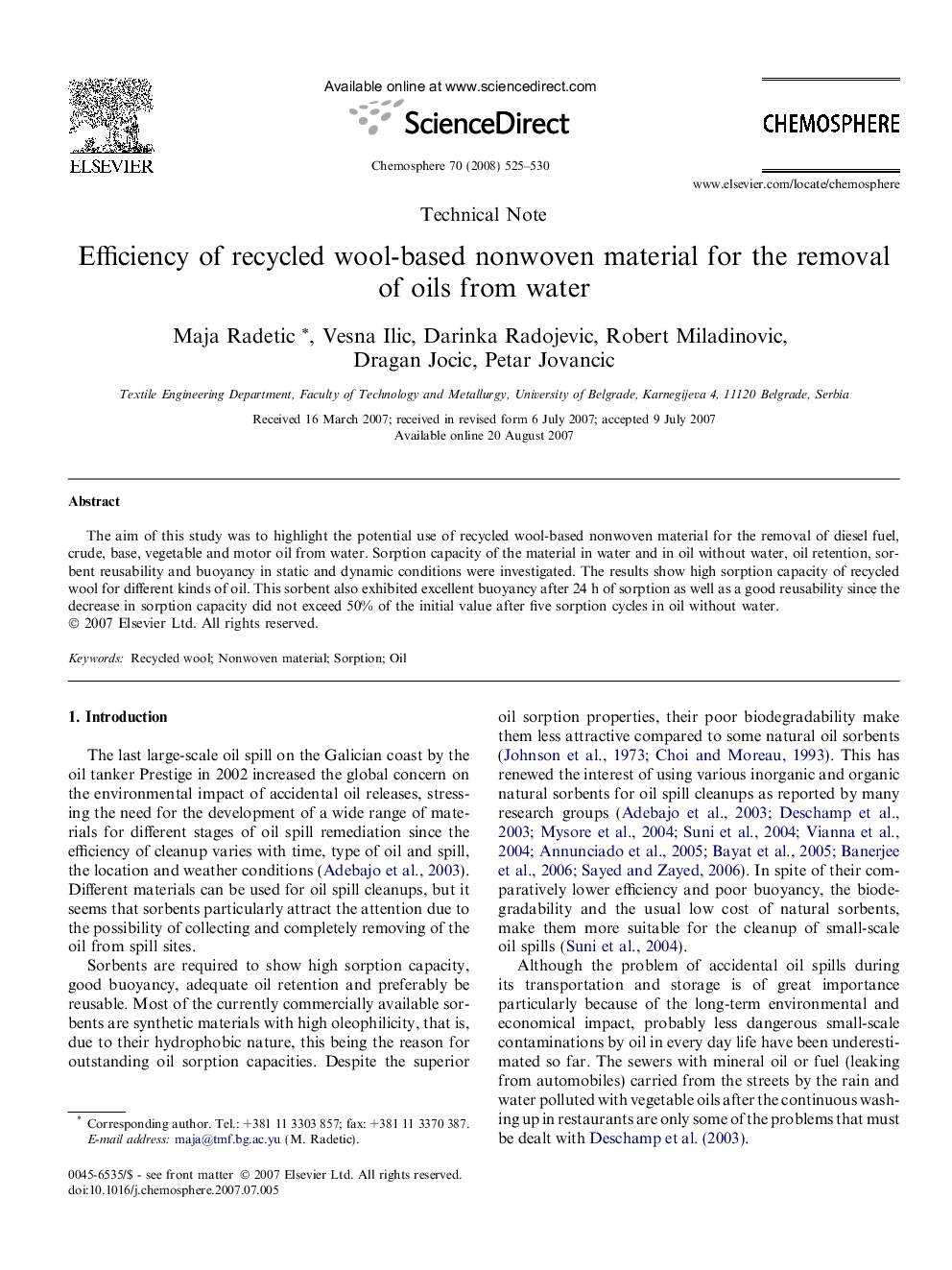 Efficiency of recycled wool-based nonwoven material for the removal of oils from water