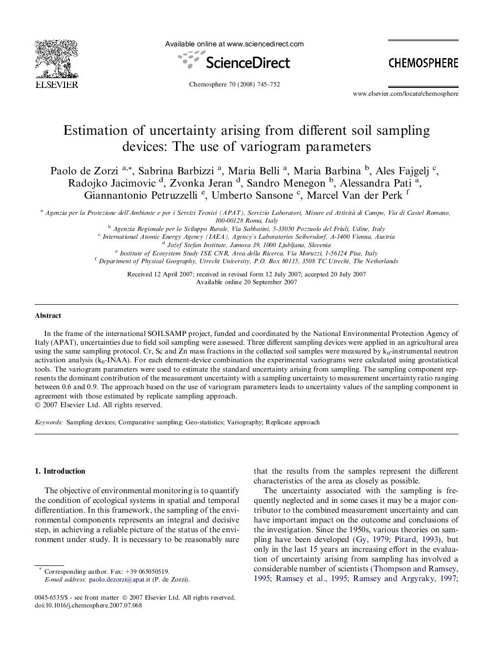 Estimation of uncertainty arising from different soil sampling devices: The use of variogram parameters