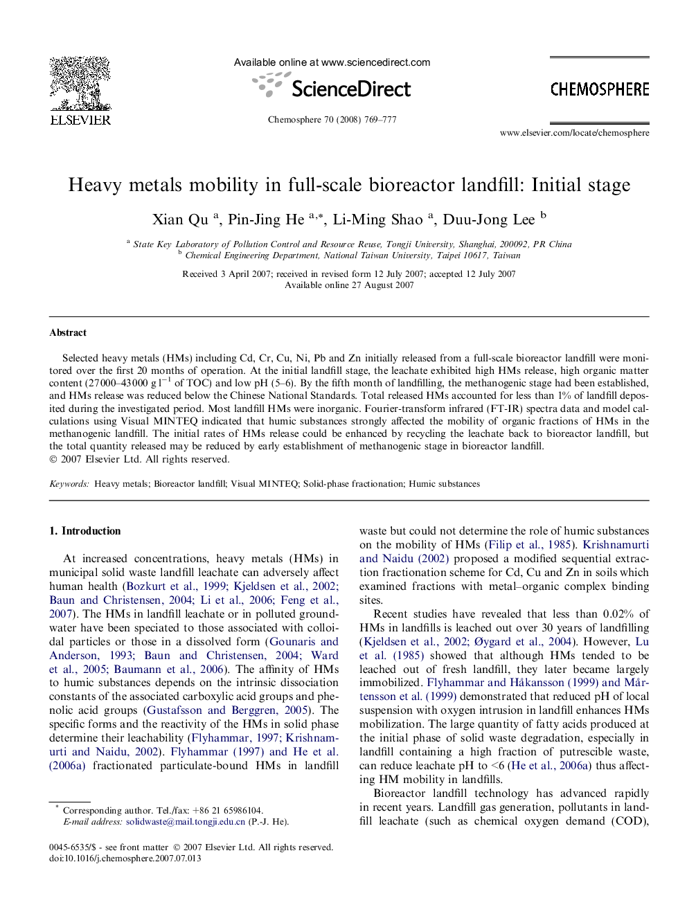 Heavy metals mobility in full-scale bioreactor landfill: Initial stage