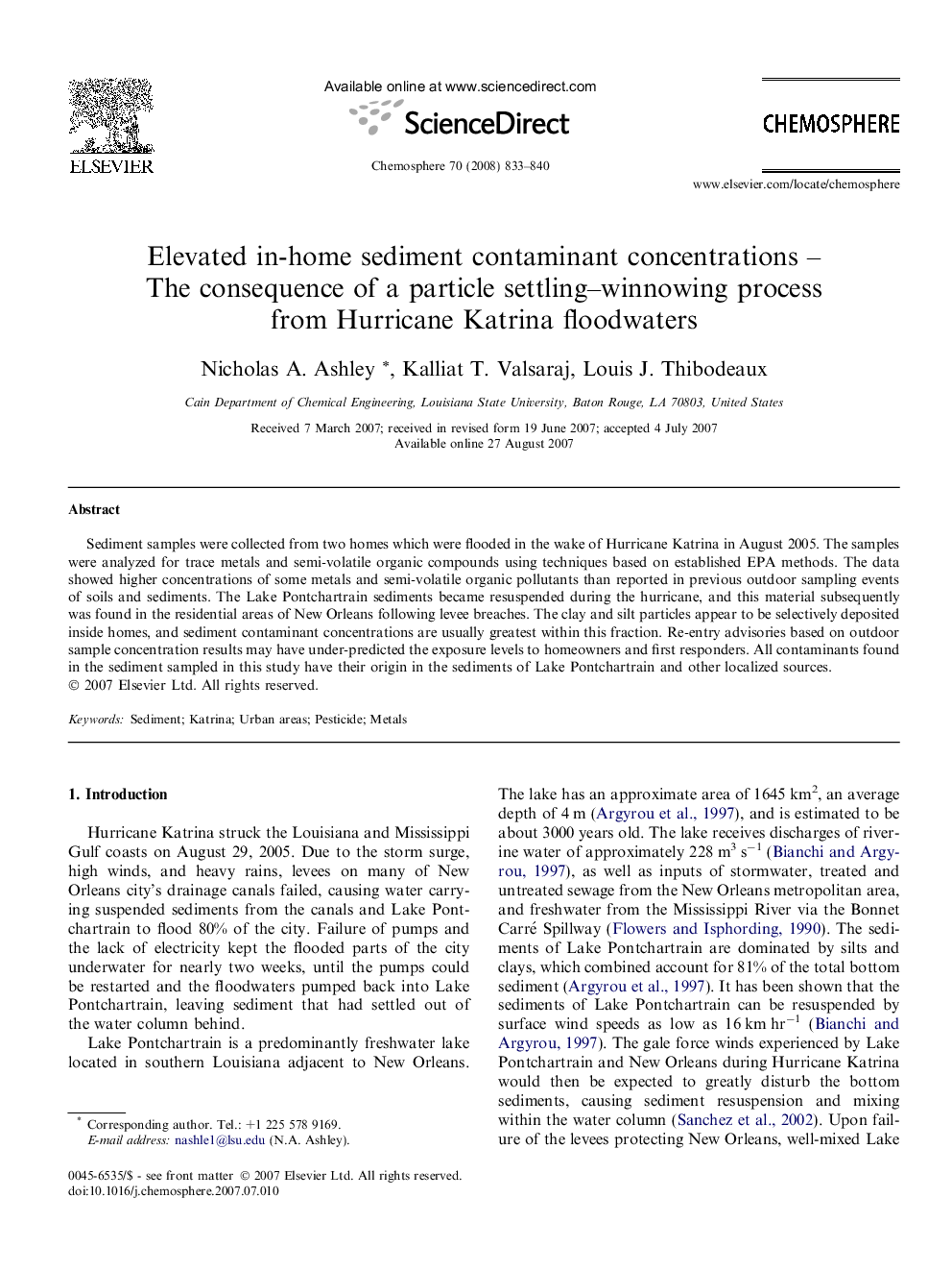 Elevated in-home sediment contaminant concentrations – The consequence of a particle settling–winnowing process from Hurricane Katrina floodwaters