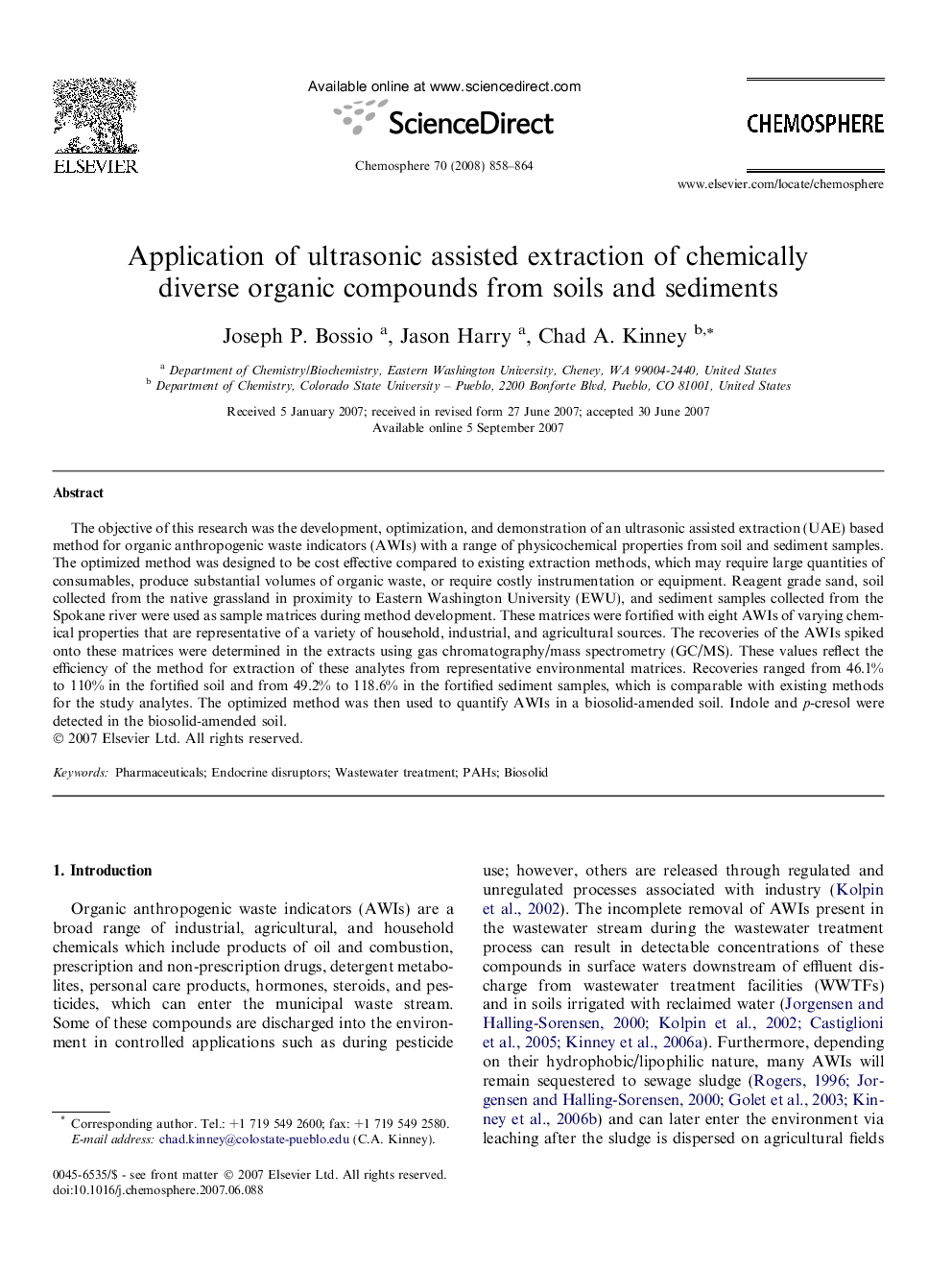 Application of ultrasonic assisted extraction of chemically diverse organic compounds from soils and sediments