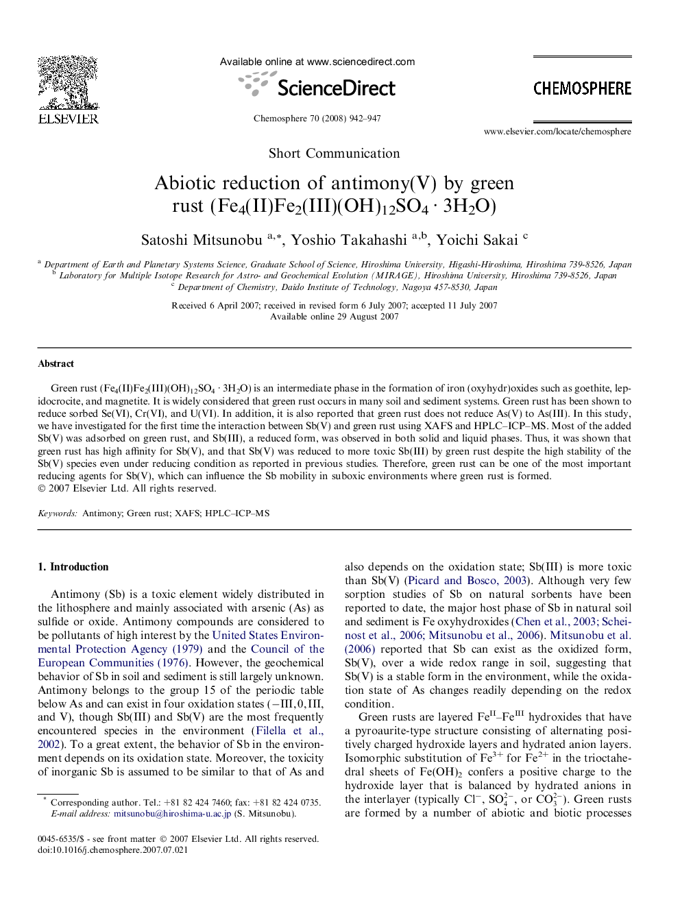 Abiotic reduction of antimony(V) by green rust (Fe4(II)Fe2(III)(OH)12SO4 · 3H2O)