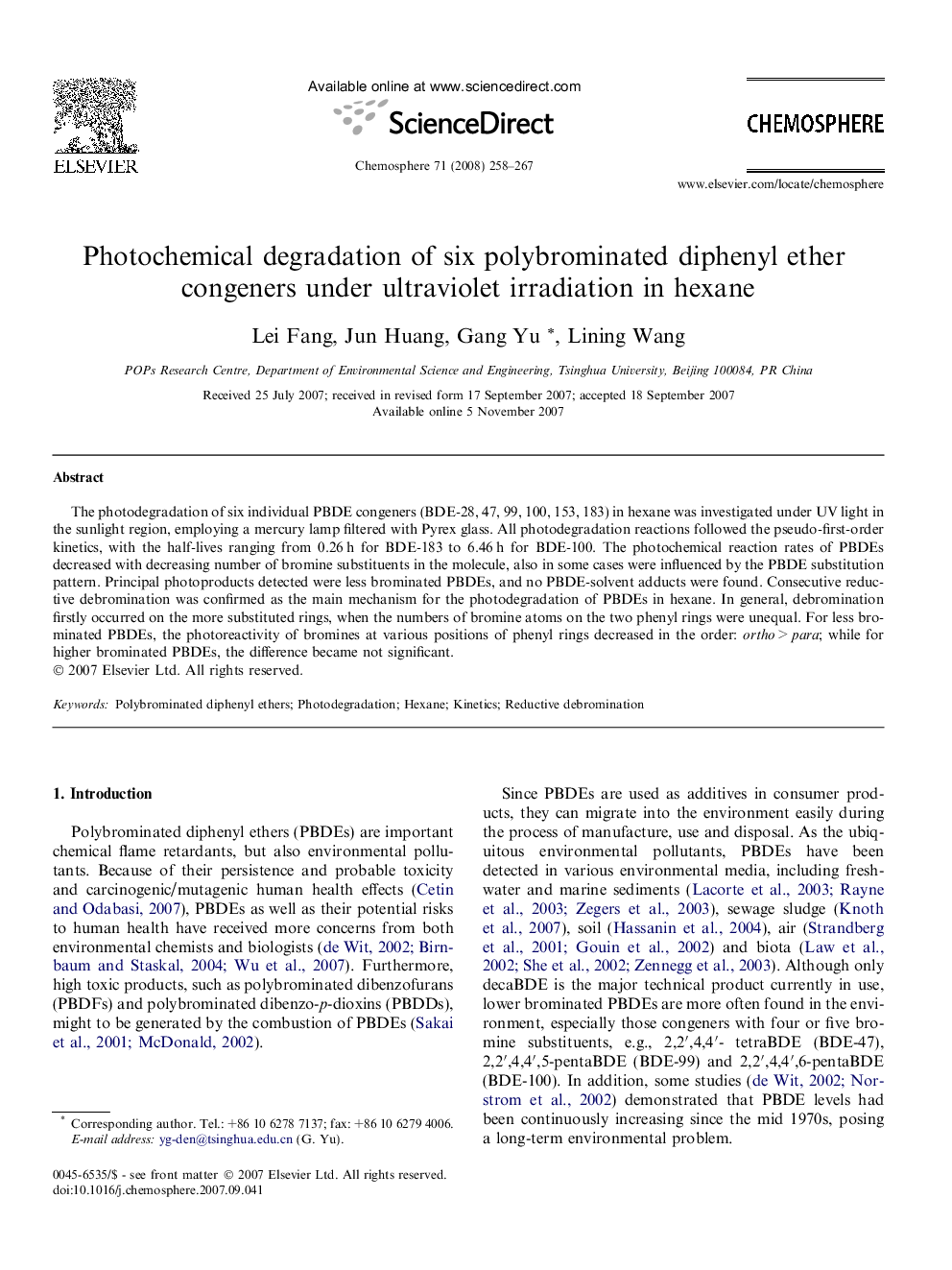 Photochemical degradation of six polybrominated diphenyl ether congeners under ultraviolet irradiation in hexane