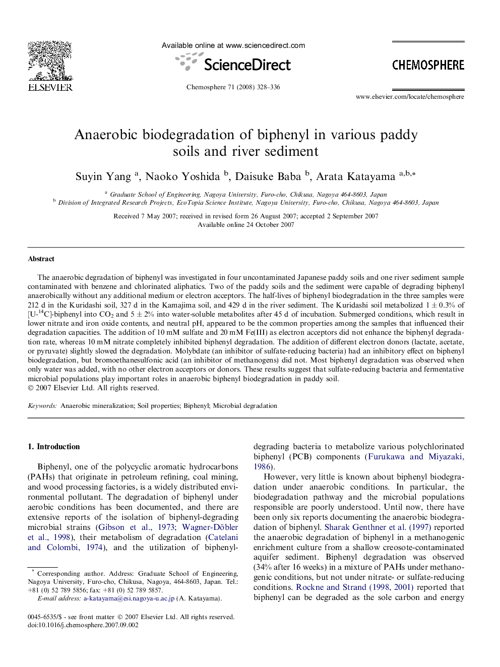 Anaerobic biodegradation of biphenyl in various paddy soils and river sediment