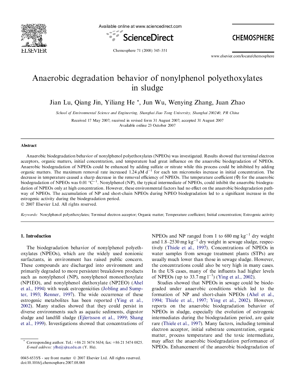 Anaerobic degradation behavior of nonylphenol polyethoxylates in sludge