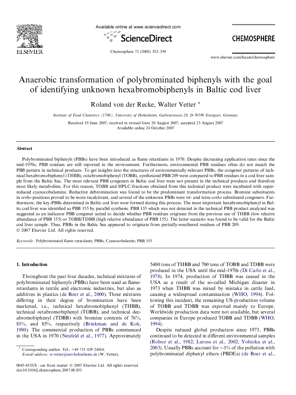 Anaerobic transformation of polybrominated biphenyls with the goal of identifying unknown hexabromobiphenyls in Baltic cod liver