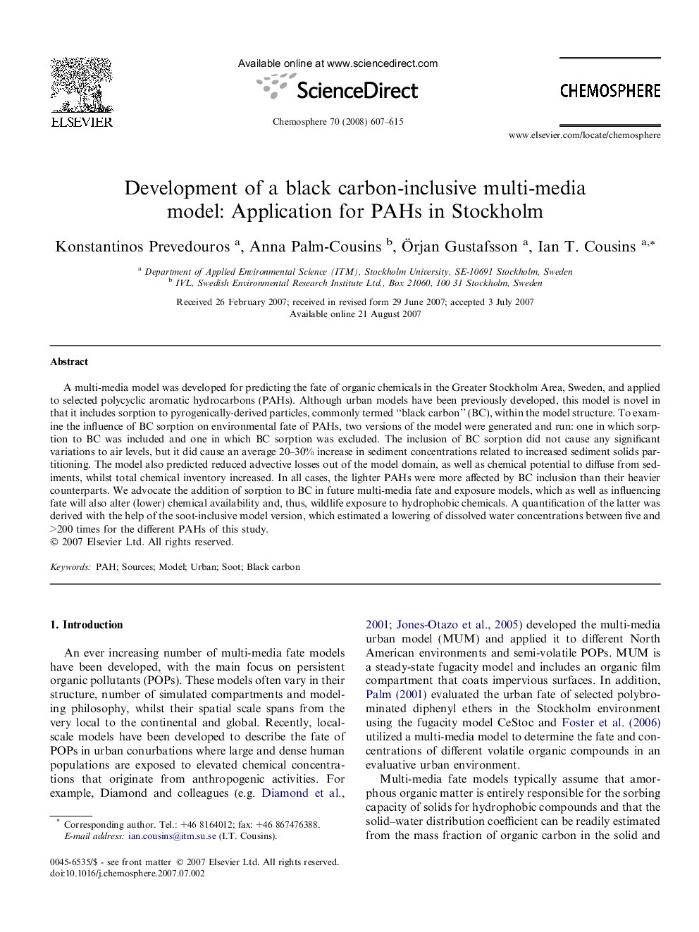 Development of a black carbon-inclusive multi-media model: Application for PAHs in Stockholm