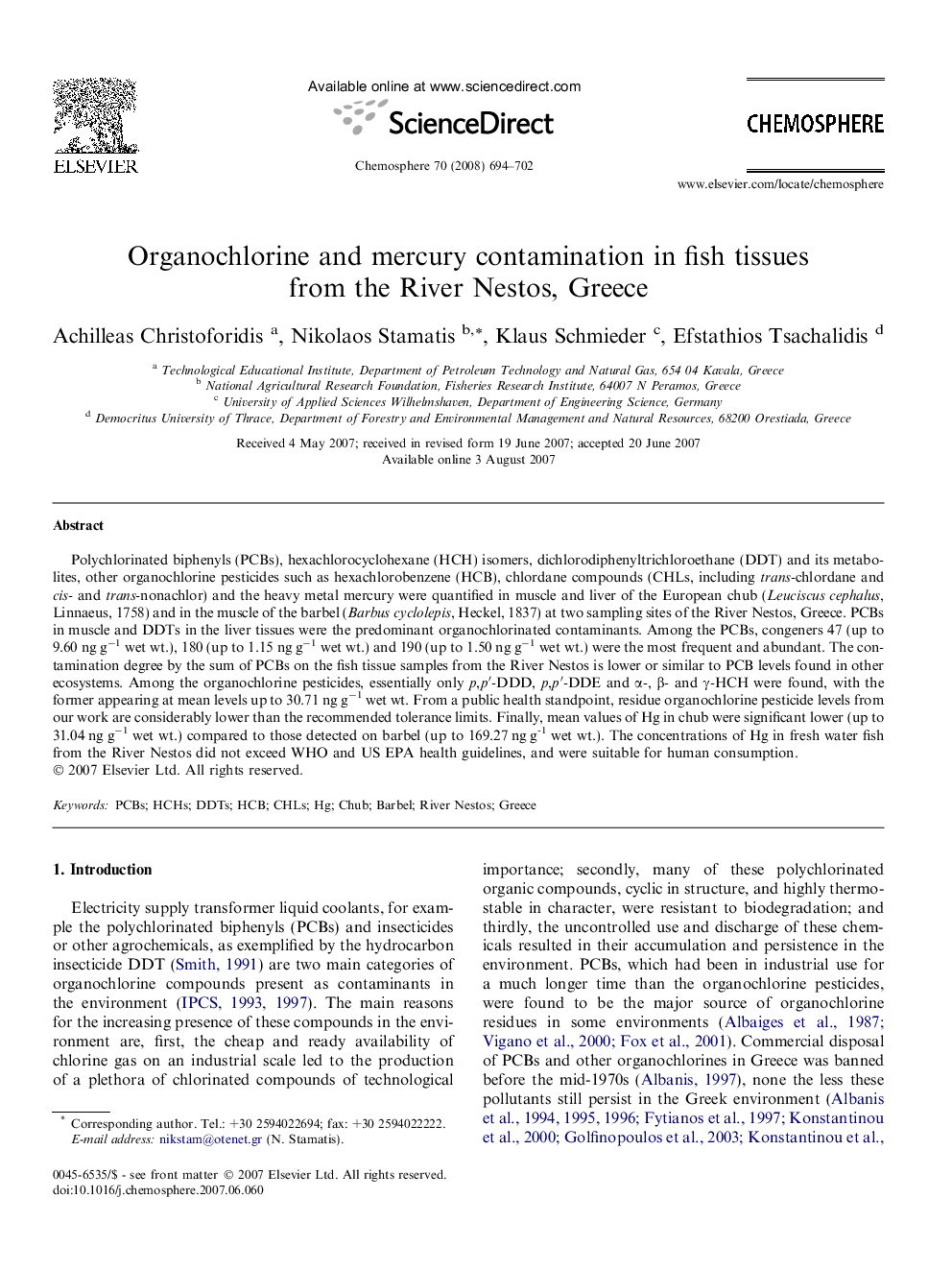 Organochlorine and mercury contamination in fish tissues from the River Nestos, Greece